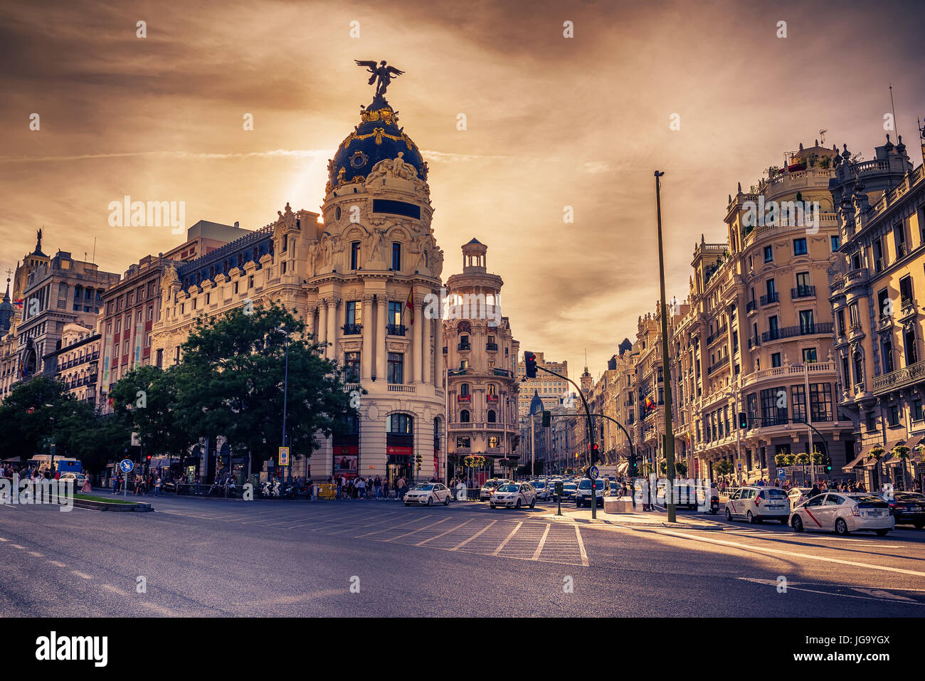 Madrid, Spanien: Stadtansicht bei Calle de Alcalá und Gran Via Stockfoto