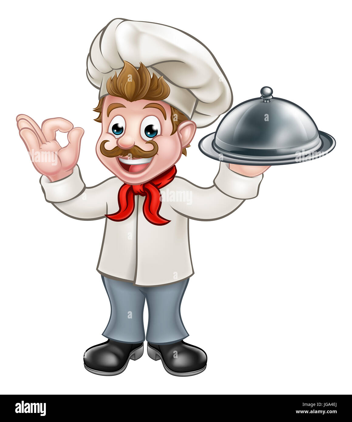 CartoonKoch oder Bäcker hält eine silberne Cloche Essen Mahlzeit