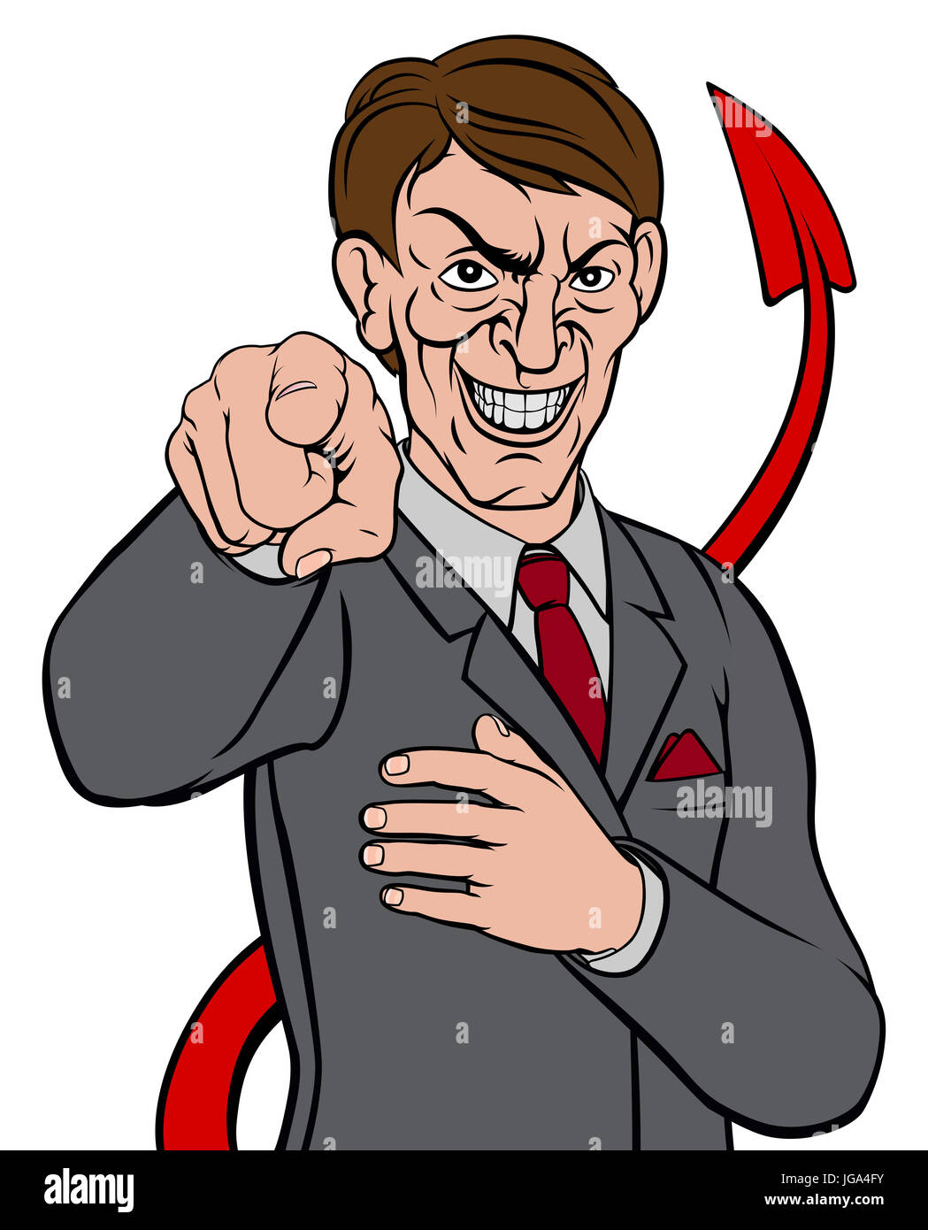 Cartoon-böse aussehenden Geschäftsmann im Anzug und Krawatte, zeigte mit dem Finger in eine will Sie Teufel Schwanz seines Wesens verlosen Geste Stockfoto