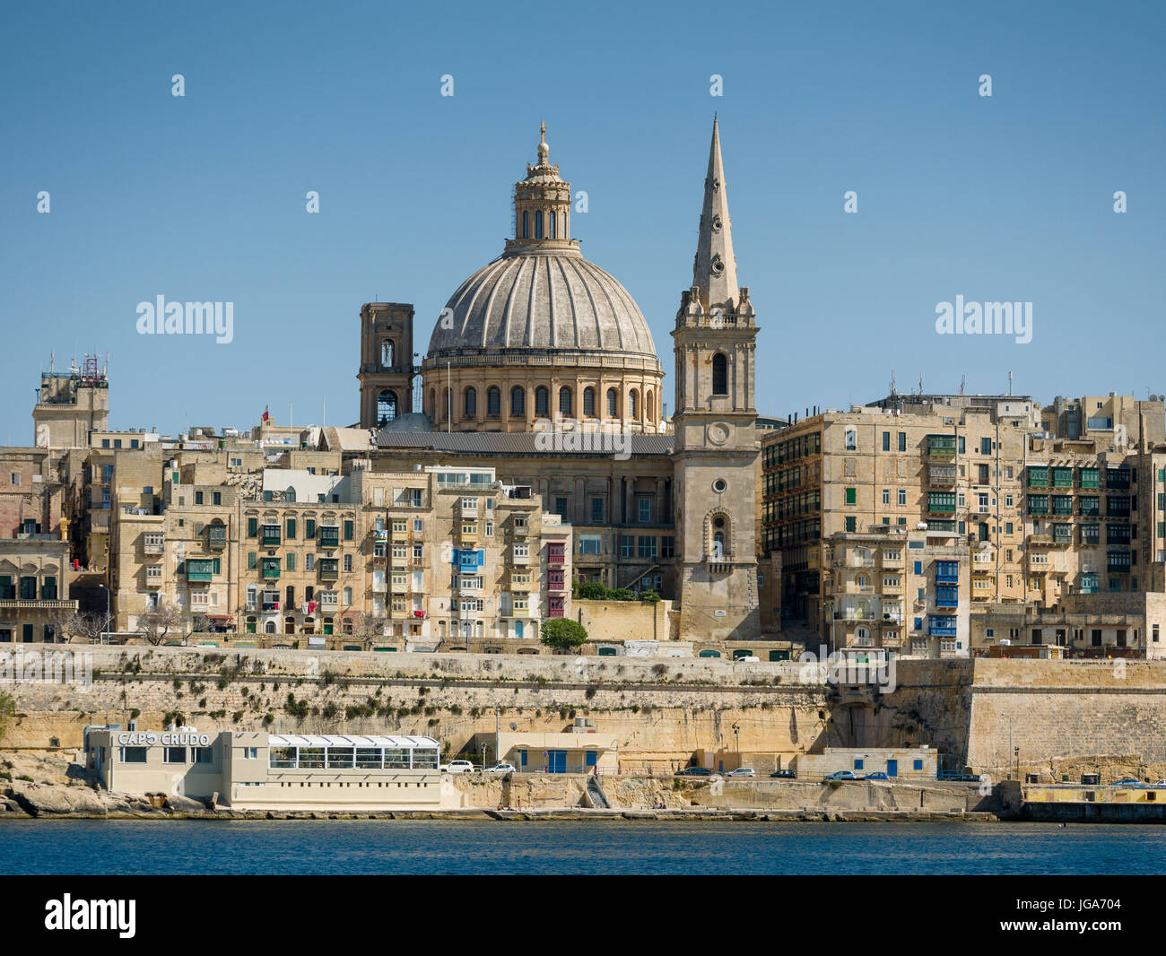 Malta: die Hauptstadt Valletta, von den Marsamxett-Hafen aus gesehen Stockfoto