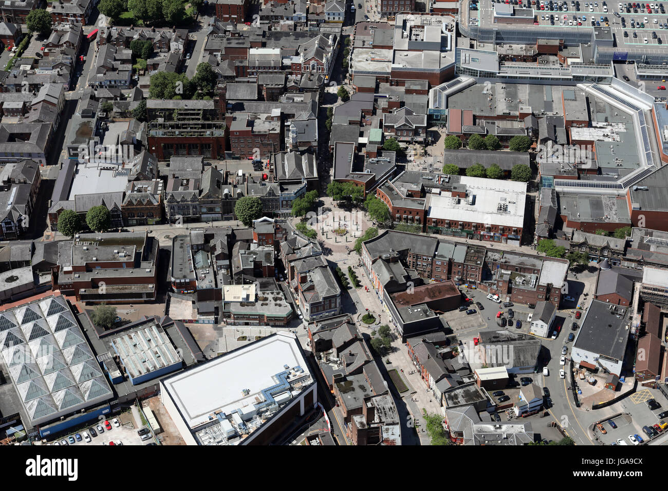 Luftaufnahme des Stadtzentrums Warrington, Cheshire, UK Stockfoto
