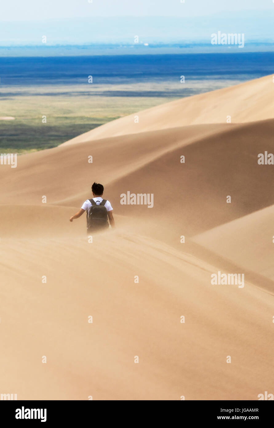 Besucher in den Wind geblasen Sand erkunden Great Sand Dunes National Park & vorbehalten; San Luis Valley; Colorado; USA. Höchsten Sanddünen in Nordamerika Stockfoto