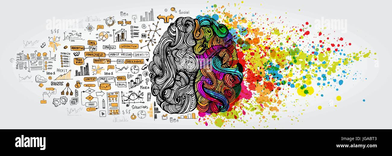 Links rechts menschliche Gehirn Konzept. Kreative und Logik Teil mit sozialen und geschäftlichen doodle Stock Vektor