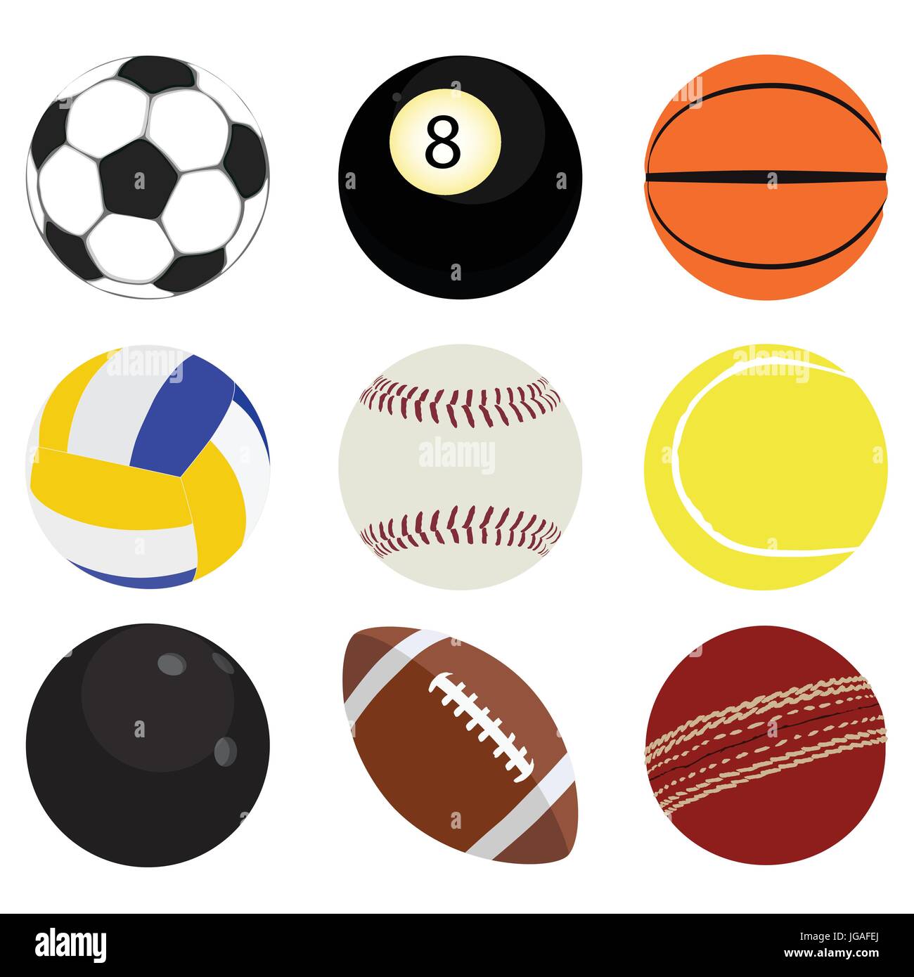 Vektor-Illustration-Set Sport Bälle. Fußball, Billard, Basketball, Volleyball, Tennis, Cricket, Bowling und Baseball Ball-Symbol. Stock Vektor