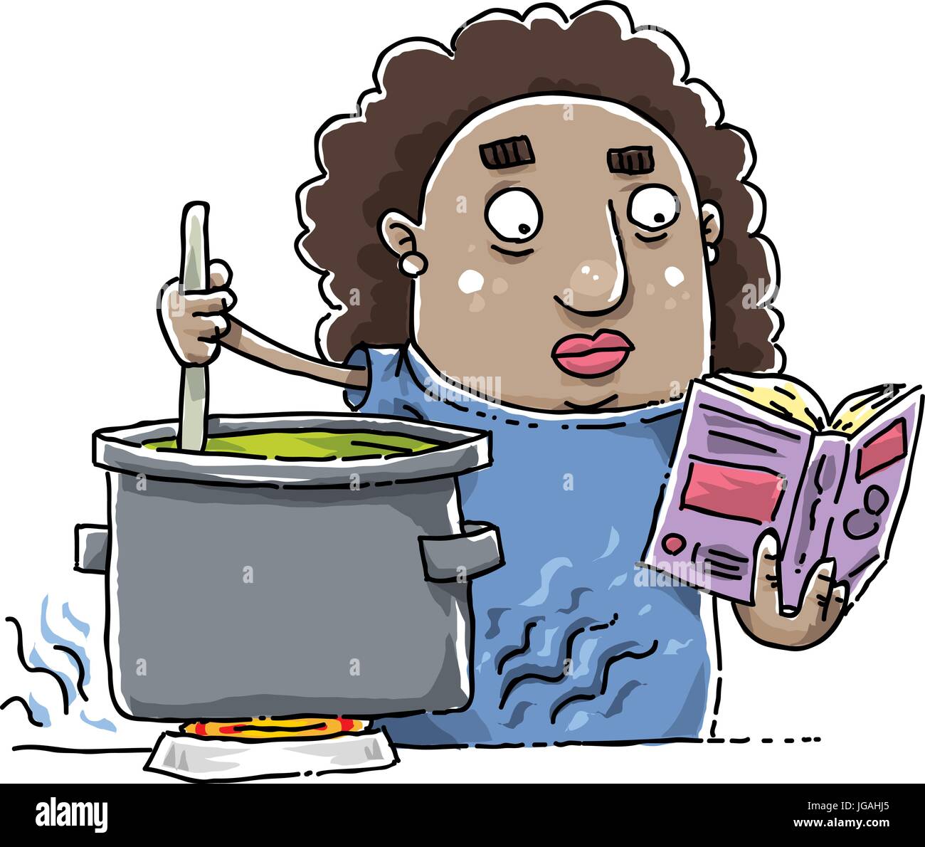 Eine Karikatur Frau folgt eine Rezept in einem Kochbuch, wie sie einen Topf rührt. Stock Vektor