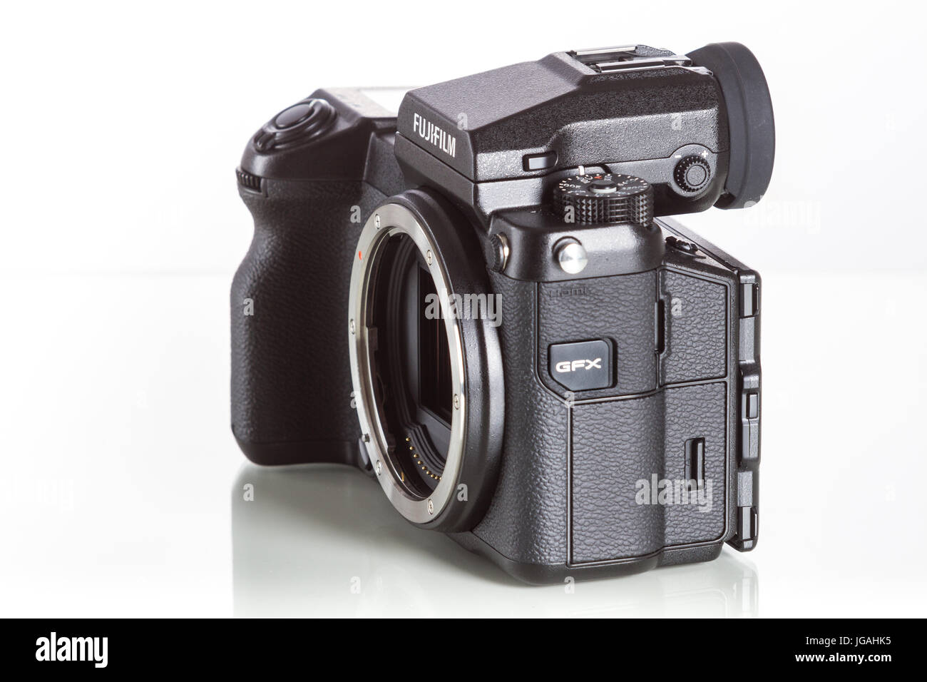 Fujifilm GFX 50er, 43,8 x 32,9 mm 51.4MP CMOS-Sensor und Verwendungen, die neue G-Mount-Objektive montieren Stockfoto