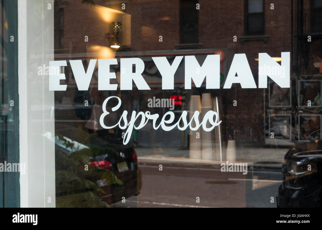Everyman-Espresso, ein kleines Kaffeehaus in Tribeca in Lower Manhattan Stockfoto