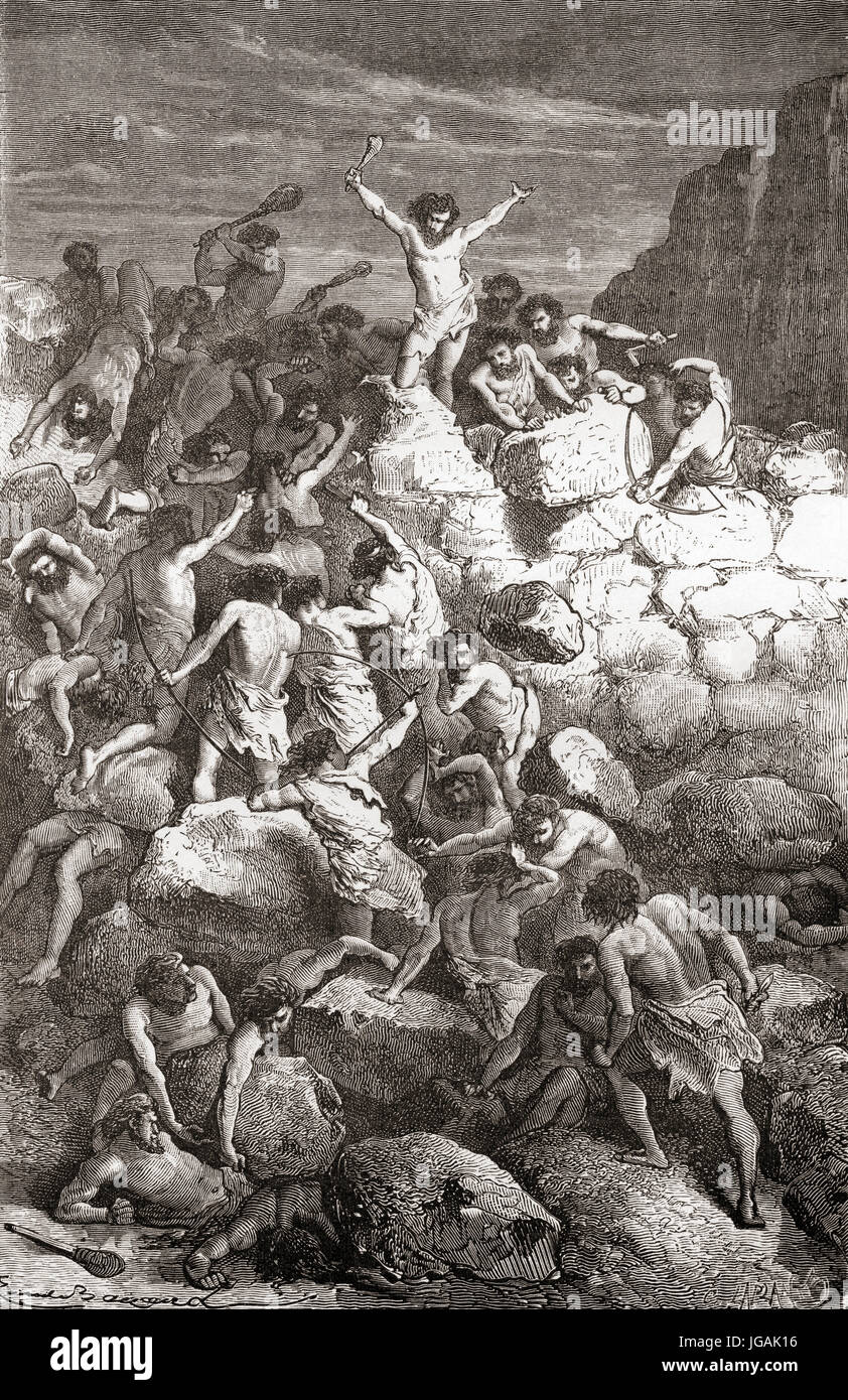 Furfooz, Furfooz Rasse oder Grenelle-Furfooz Männer im Camp von Furfooz, Namur, Belgien während des Jungpaläolithikums oder Jungsteinzeit bekämpfen.  L ' Homme Primitif veröffentlichte 1870. Stockfoto