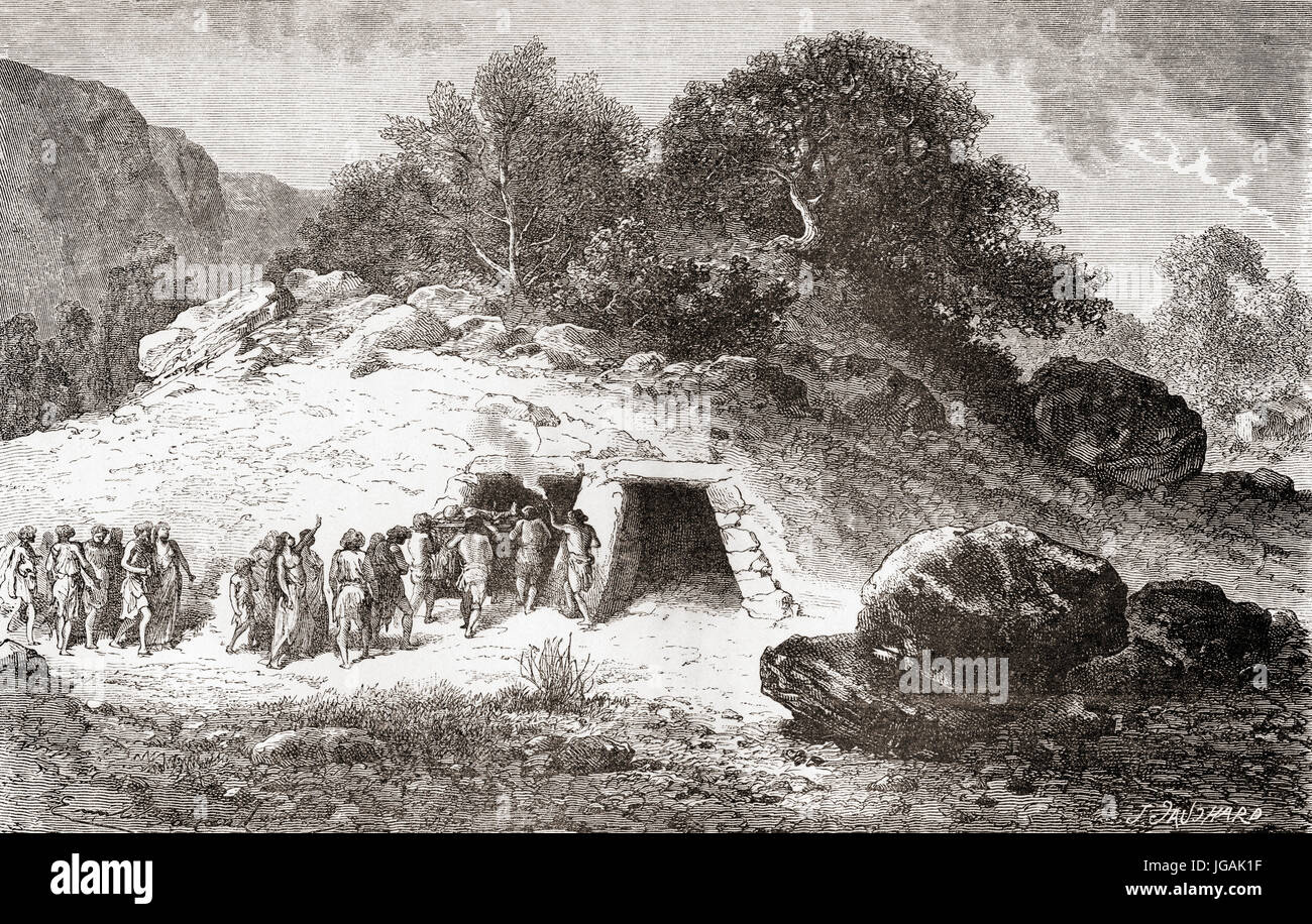 Ein Tumulus, aka Barrow, Grabhügel oder Kurgan, ein Hügel aus Erde und Steinen über ein Grab oder Gräber während der Steinzeit, Jungsteinzeit oder Alter des polierten Steins angehoben.  L ' Homme Primitif veröffentlichte 1870. Stockfoto