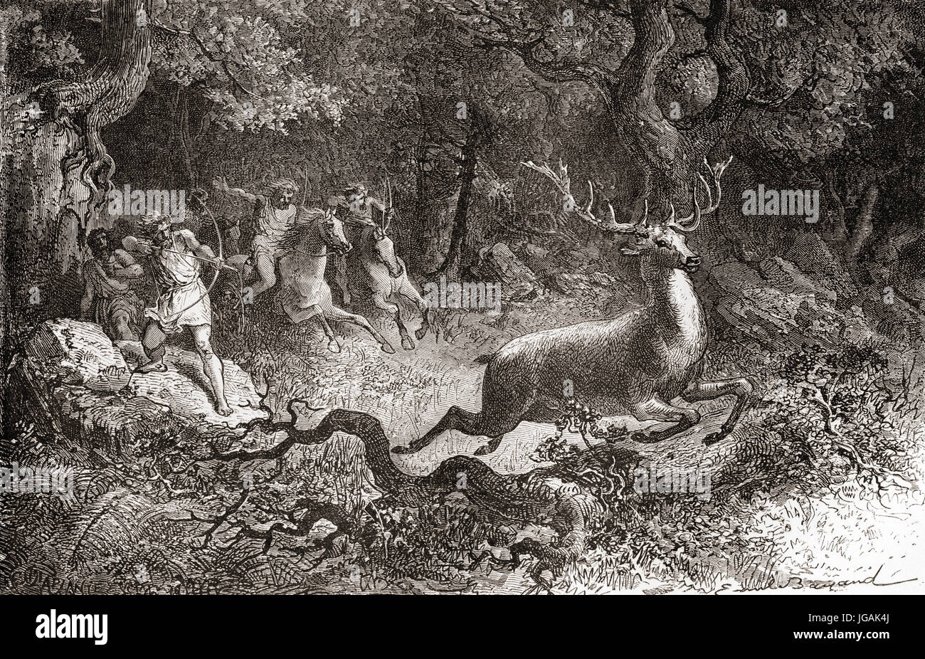 Männer jagen ein Reh in der Bronzezeit.  L ' Homme Primitif veröffentlichte 1870. Stockfoto