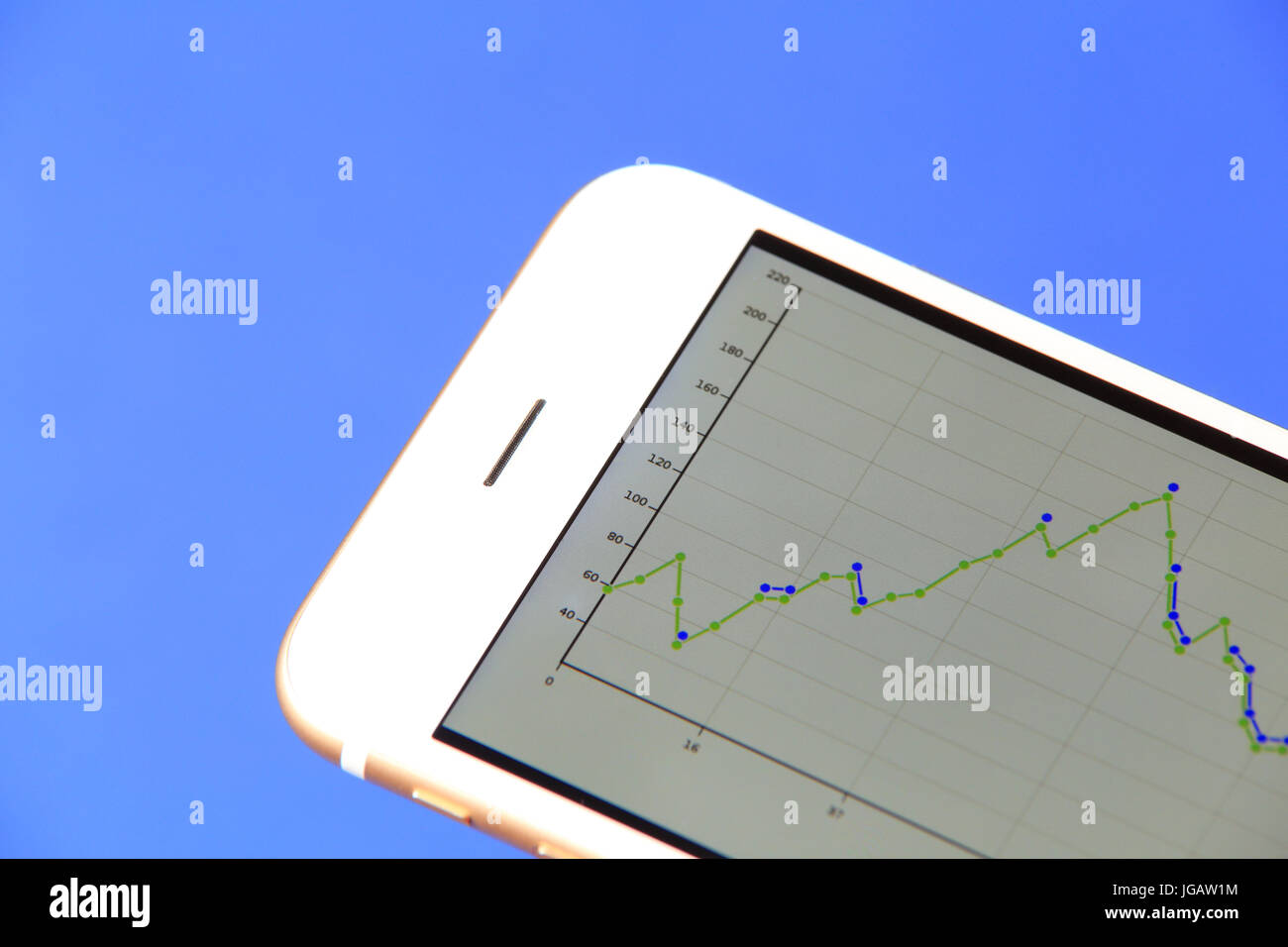 Finanzielle Grafik auf Smartphone-Bildschirm Nahaufnahme. Finanzielle mobile Anwendung. Stockfoto