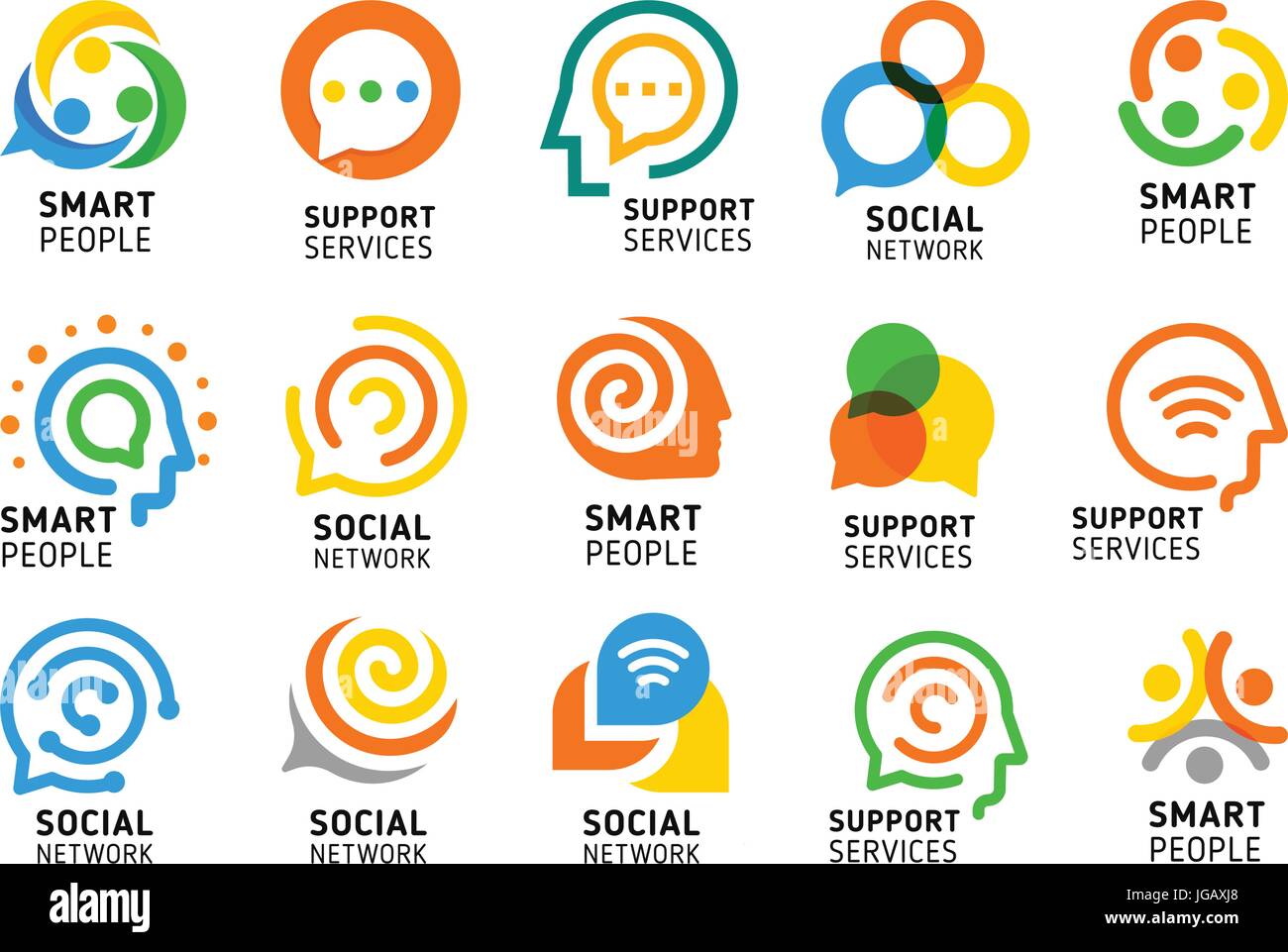 Soziales Netzwerk für clevere Leute mit kreativen Gehirn. Dienstleistungen-Icon-Set zu unterstützen. Bunte Vektor-Logo-Sammlung. Stock Vektor