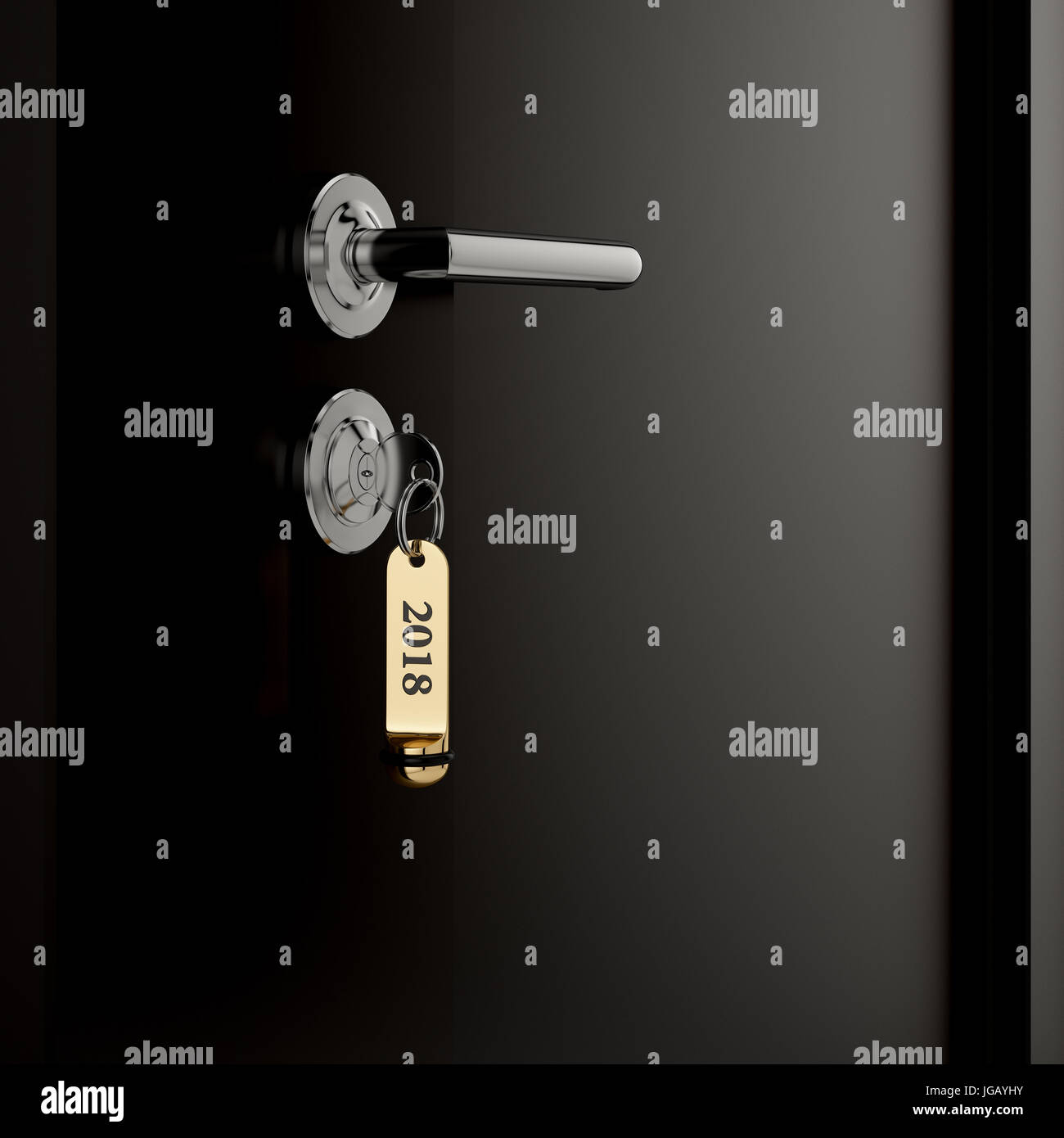 Braun Hotel Zimmertür mit Schlüssel im Schloss mit goldenen Lable Nummer 2018 Neujahr Konzept Stockfoto