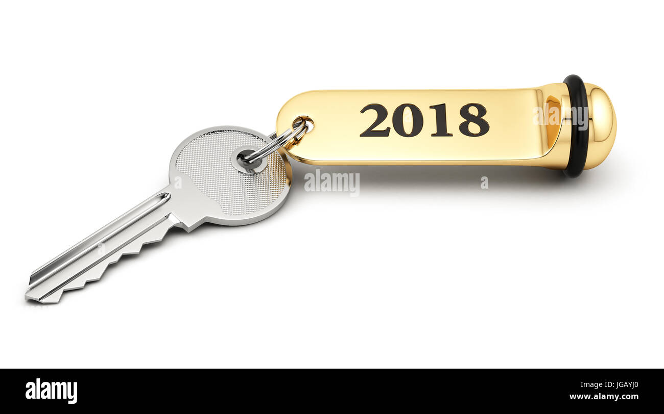 Zimmerschlüssel mit goldenen Schlüsselanhänger 2018 Neujahr Konzept isoliert auf weiss Stockfoto