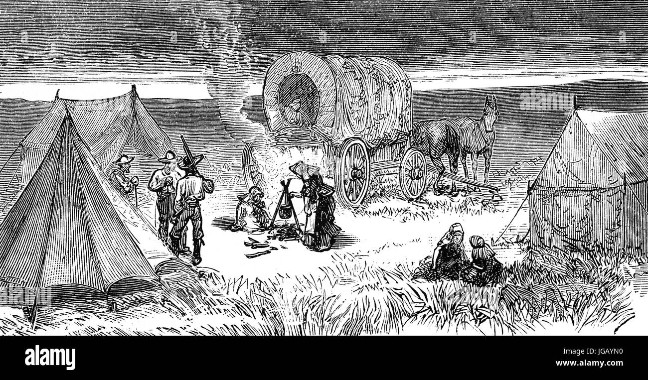 Eine wegweisende Wagenzug Camp auf dem Grasland, in der Nähe von Omaha, Nebraska, Vereinigte Staaten von Amerika Stockfoto