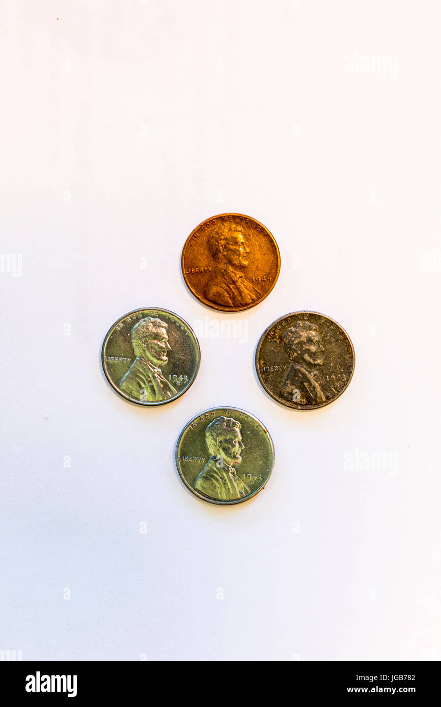 Drei 1943 Kupfer Stahl während des Krieges ein paar Cent und ein 1944 Penny-USA Stockfoto