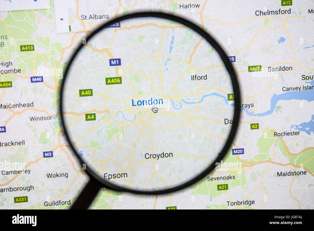 Karte von London auf Google Maps unter die Lupe. London ist die Hauptstadt des Vereinigten Königreichs. Stockfoto