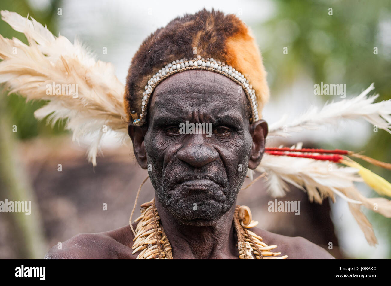 Indonesien, IRIAN JAYA, ASMAT Provinz, JOW Dorf - Juni 12: Porträt eines Mannes Asmat-Stammes. Stockfoto