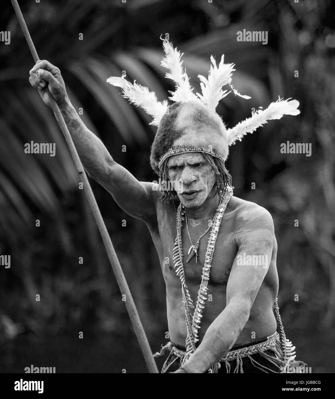 Indonesien, IRIAN JAYA, ASMAT Provinz, JOW Dorf - Juni 12: Porträt eines Kriegers Asmat-Stammes in traditionelle Kopfbedeckung. Stockfoto