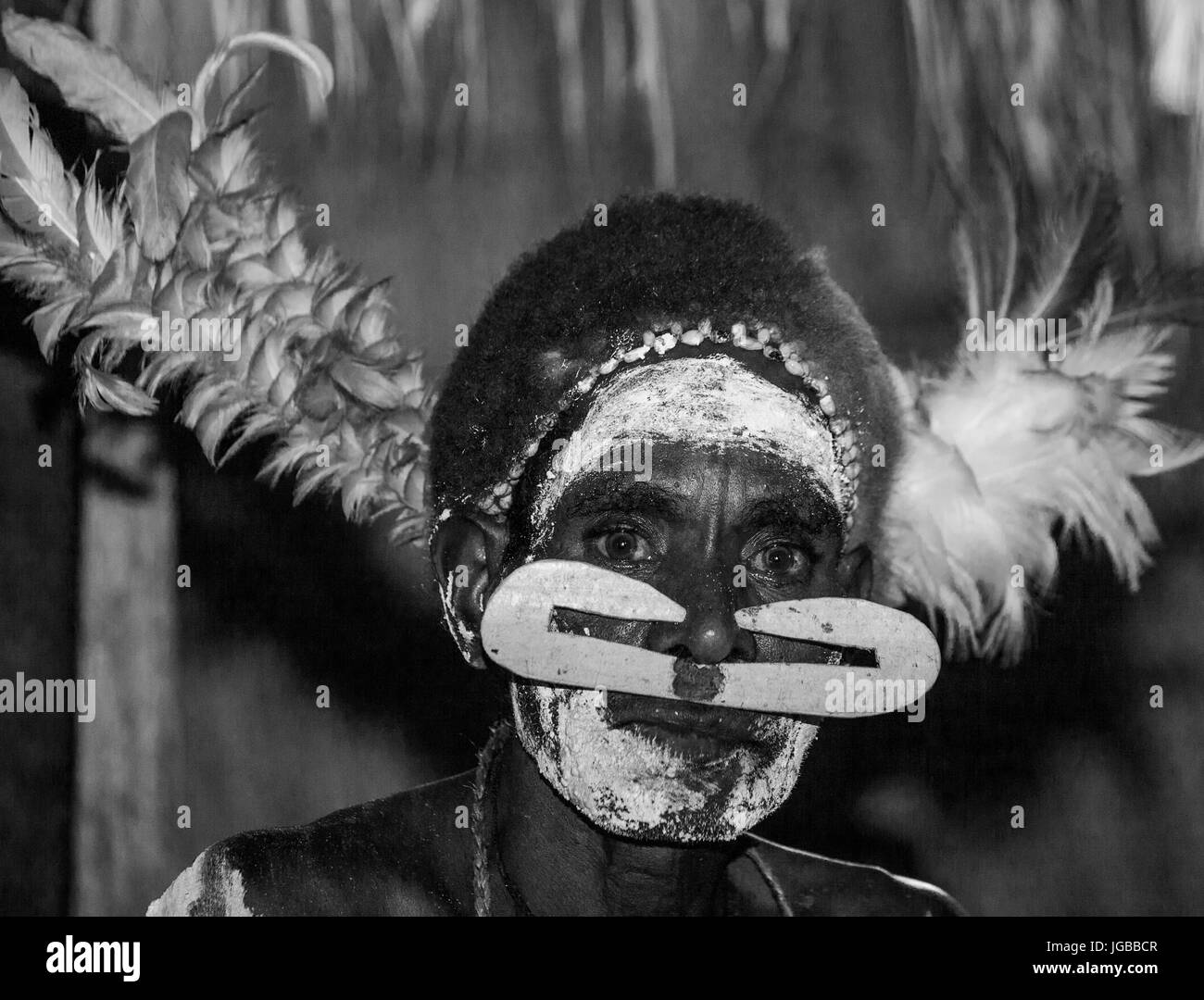 Indonesien, IRIAN JAYA, ASMAT Provinz, JOW Dorf - Juni 12: Porträt eines Kriegers Asmat-Stammes in traditionelle Kopfbedeckung. Stockfoto