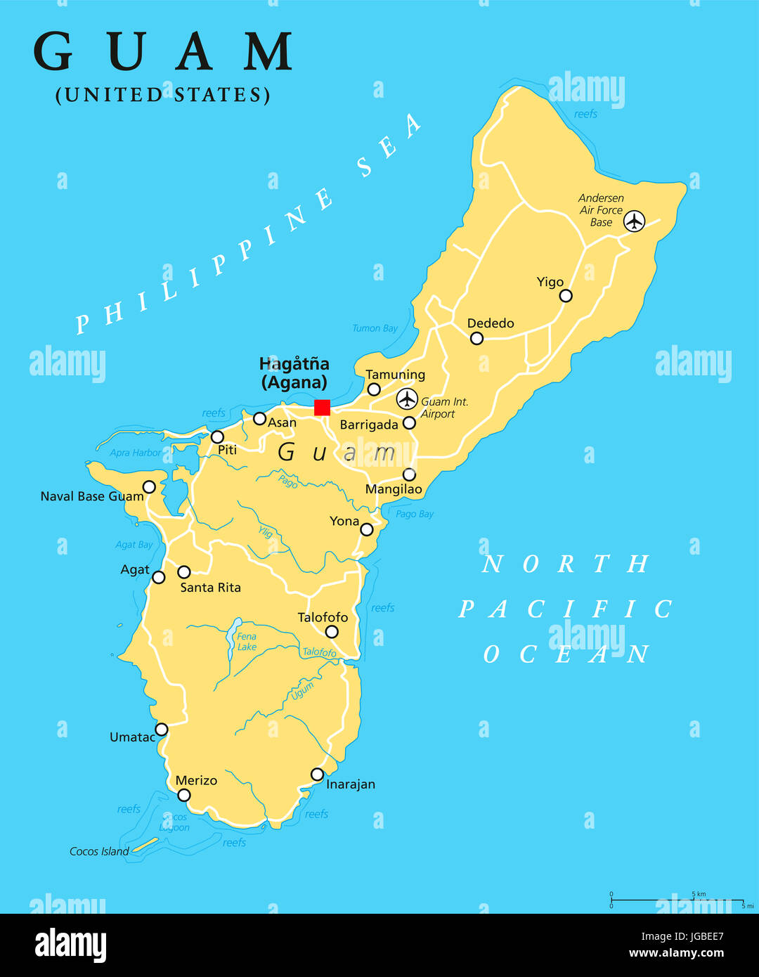 Guam politische Karte mit Hauptstadt Hagatna, Agana. Unincorporated, organisierte Territorium der Vereinigten Staaten im Pazifischen Ozean. Marianen-Inseln. Stockfoto