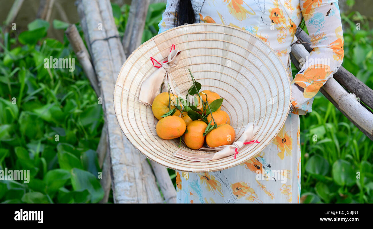 Vietnamesische Frau in traditioneller Kleidung (Ao Dai) mit Mandarin frisches Obst. Stockfoto