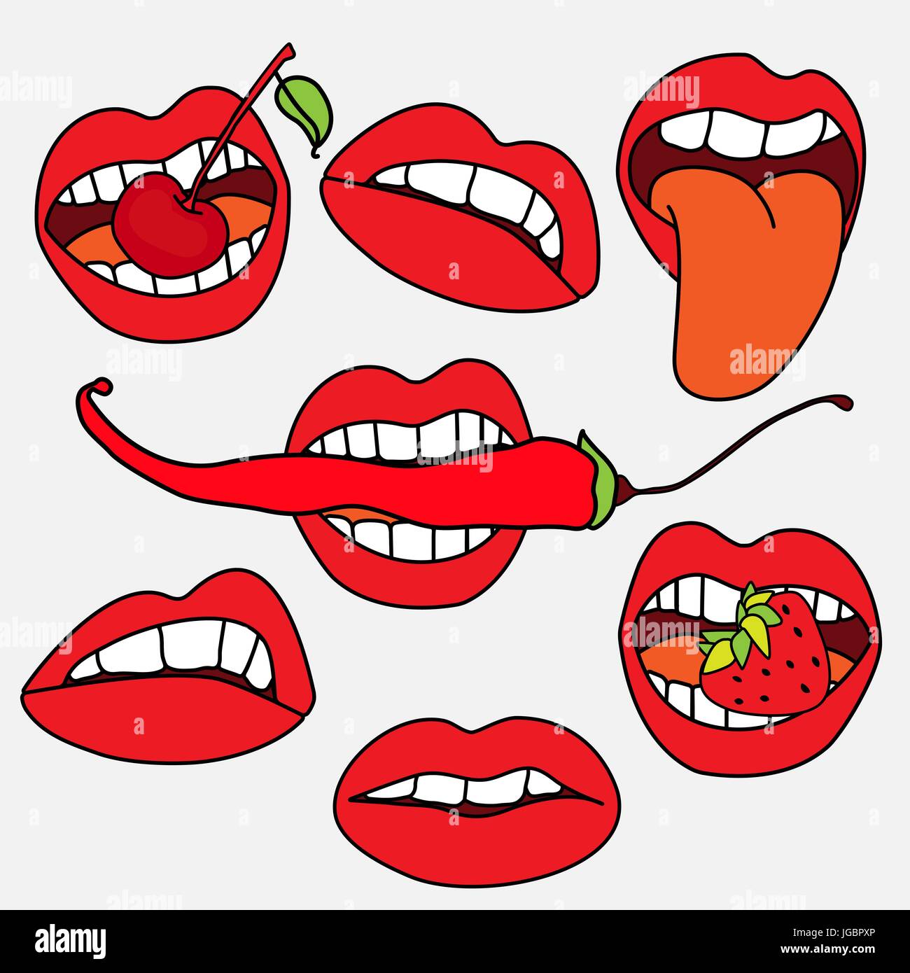 Lippen Stickerkollektion, sexy Lippen mit Erdbeere, Beeren, Paprika. Pop-Art-Lippen Stock Vektor