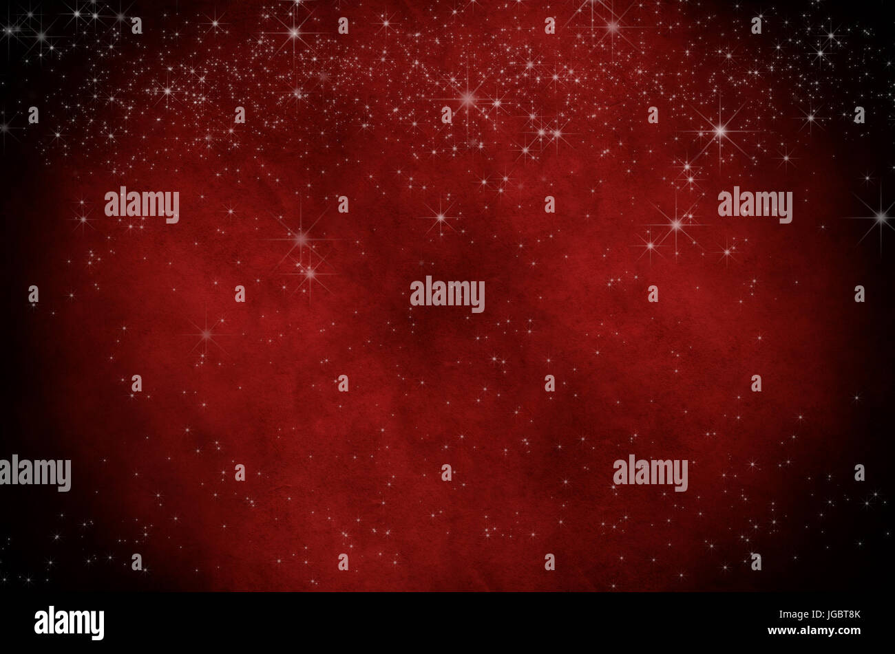 Eine Hintergrundtextur Weihnachten.  Weiße Sternen bestreut über dunkel rot Pergament mit Vignette.  Größere Sterne Dichte über Oberkante. Stockfoto