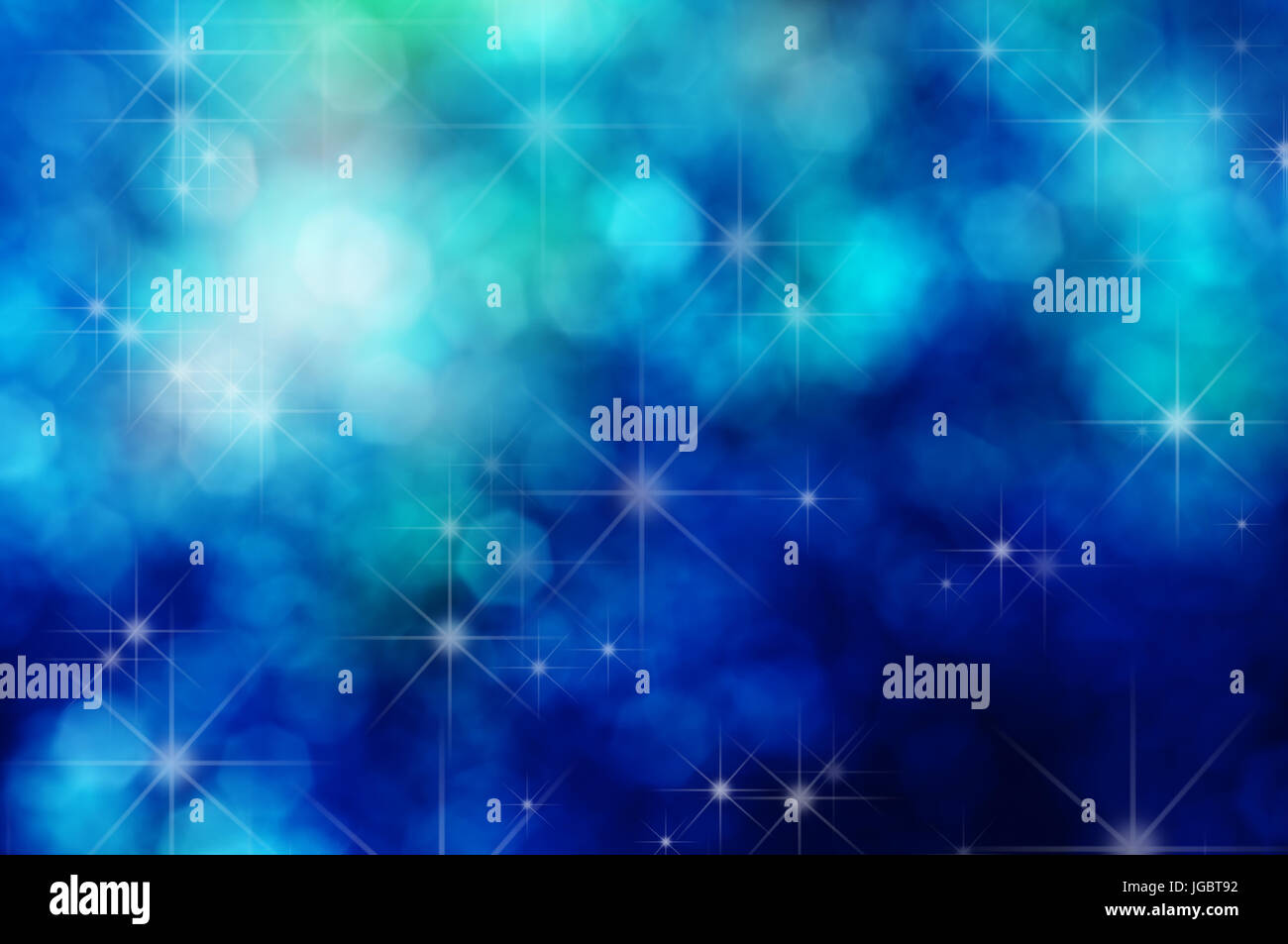 Ein funkelnden Himmel oder Raum Hintergrund mit weißen Sternen und Bokeh in dunkelblau und Türkis verstreut. Stockfoto