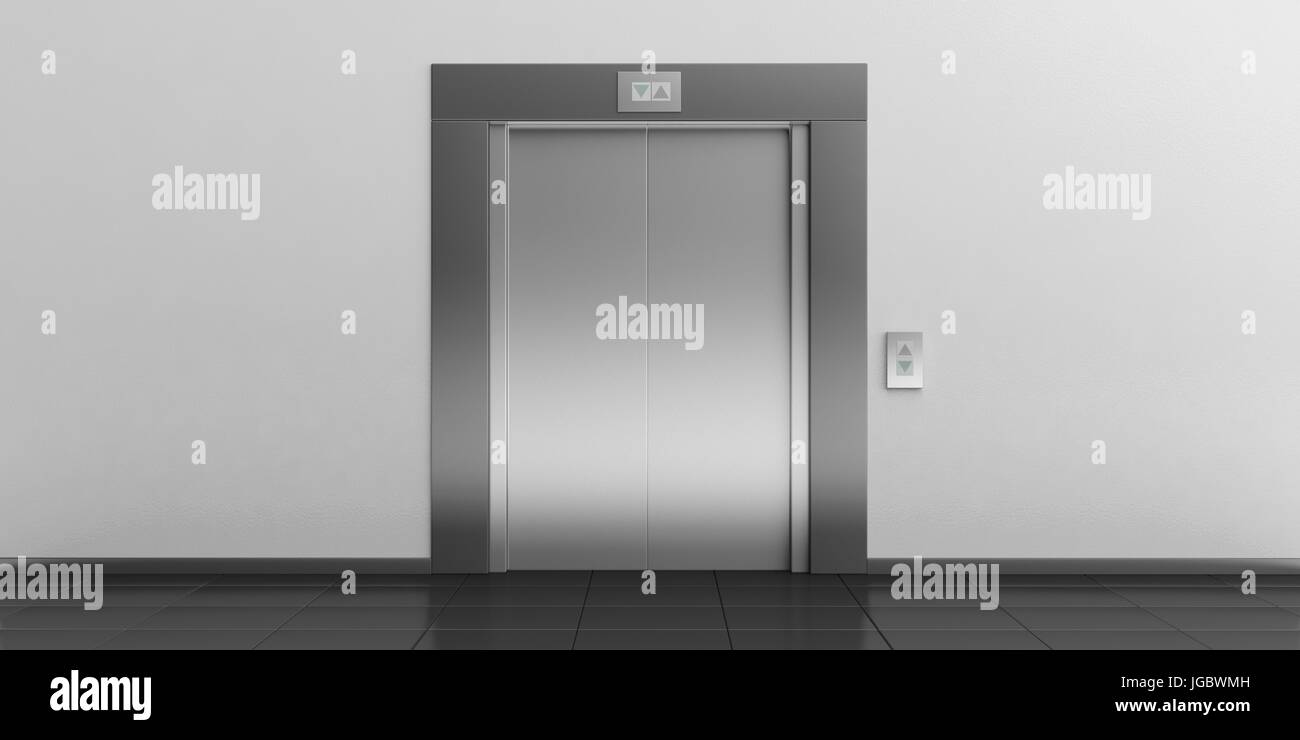 Moderne Metall Aufzug mit verschlossenen Türen, Halle Interieur. 3D illustration Stockfoto