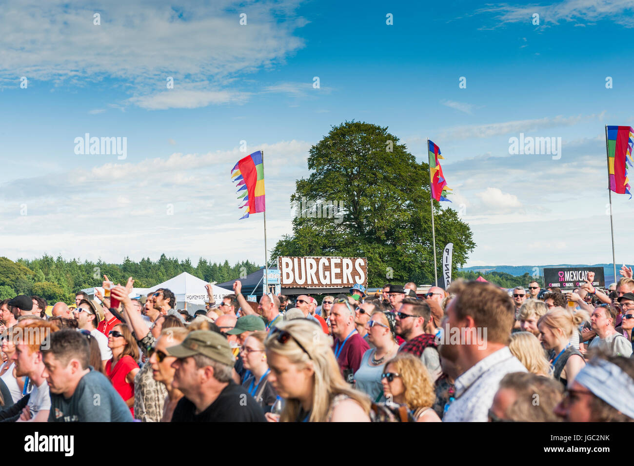 Thornhill, Scotland, UK - 27. August 2016: Festival-Besucher stehen hinter der Schranke auf dem elektrischen Feldern-Festival auf dem Gelände des Drumlanrig Stockfoto