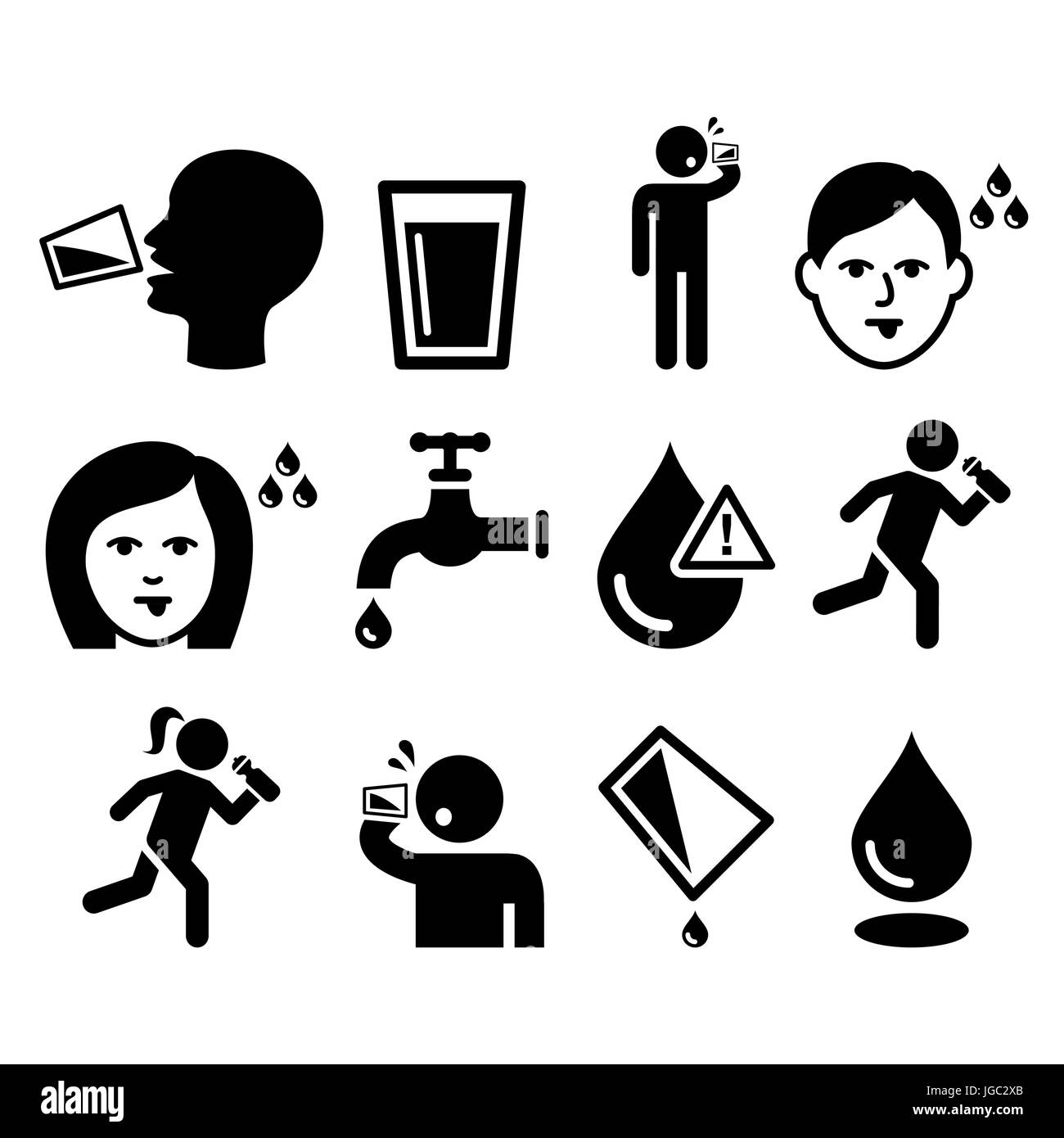 Durstige Mann, trockener Mund, Durst, Menschen Trinkwasser Icons Set Stock Vektor