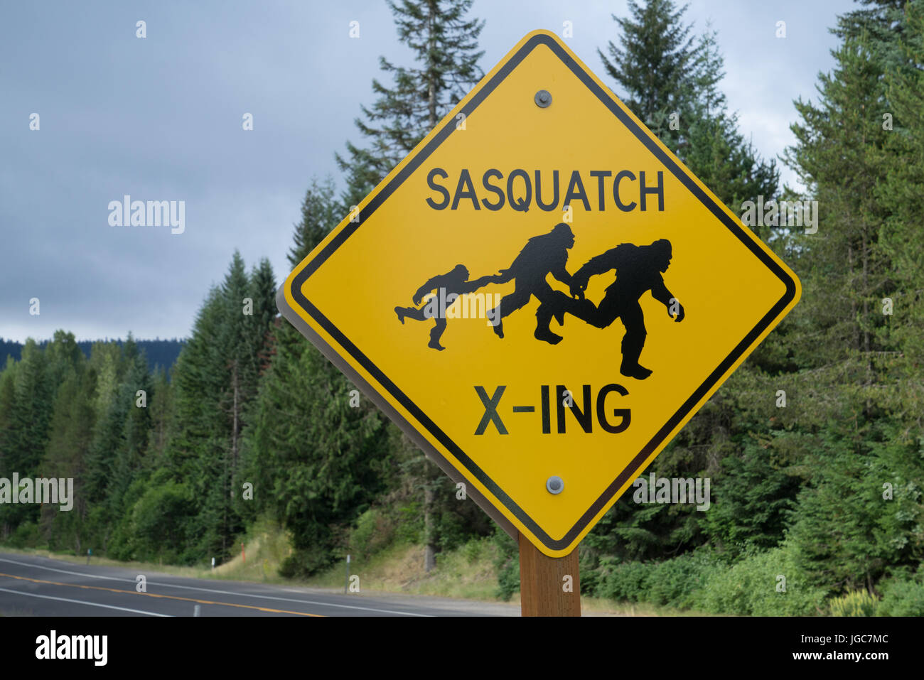 Sasquatch Kreuzung Zeichen in der Oregon-Wildnis Stockfoto