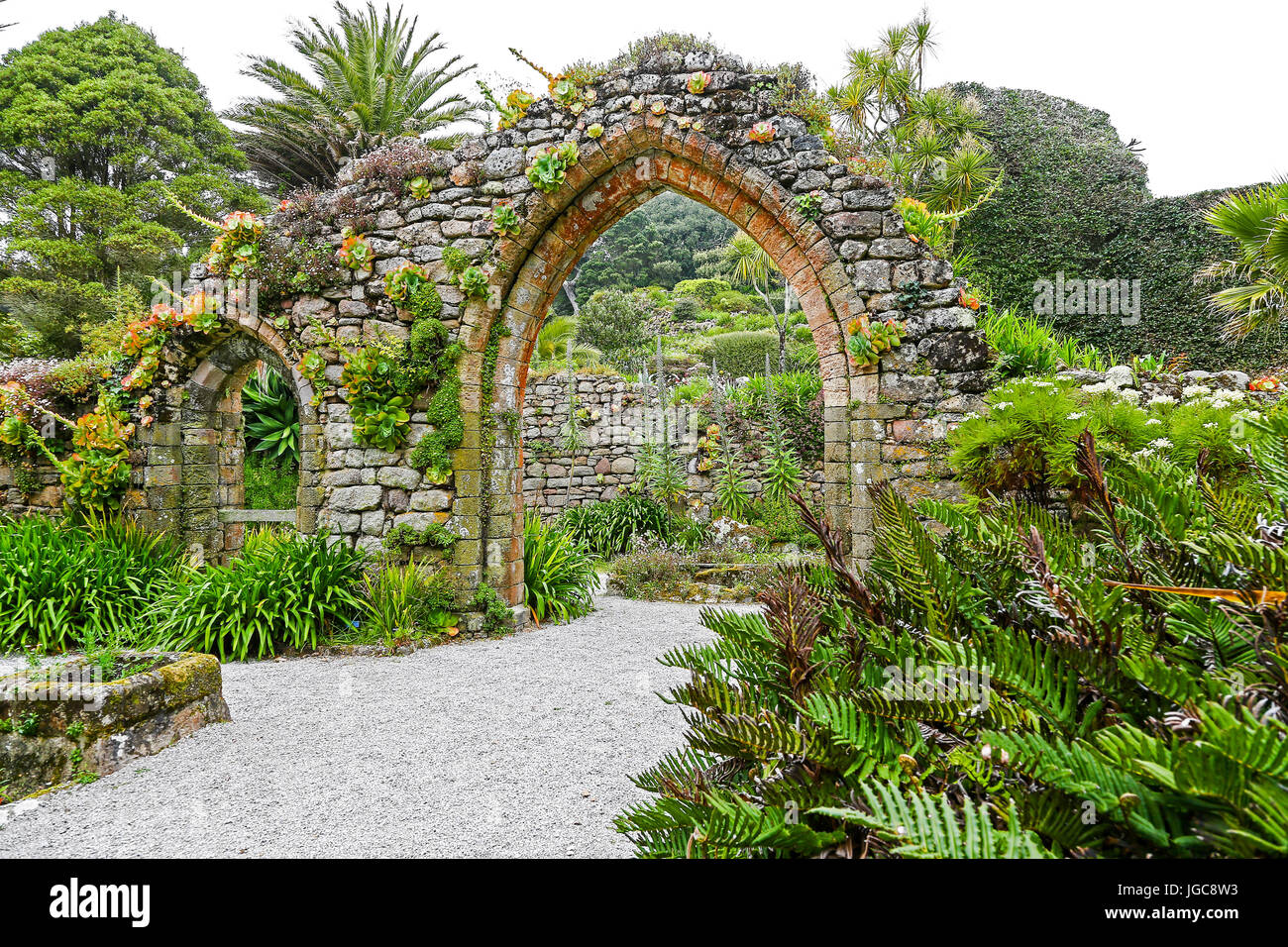 Ein Bogen, Teil der ursprünglichen Abtei bei Tresco Abbey Gardens, Tresco Insel, Isles of Scilly, England, Vereinigtes Königreich. Stockfoto Ein Bogen, Teil der ursprünglichen Abtei bei Tresco Abbey Gardens, Tresco Insel, Isles of Scilly, England, Vereinigtes Königreich. Stockfoto