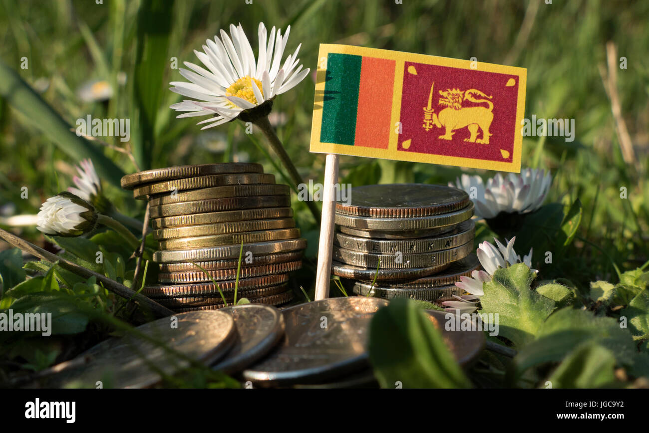 Sri Lanka Fahne mit Stapel von Geld Münzen mit Rasen und Blumen Stockfoto