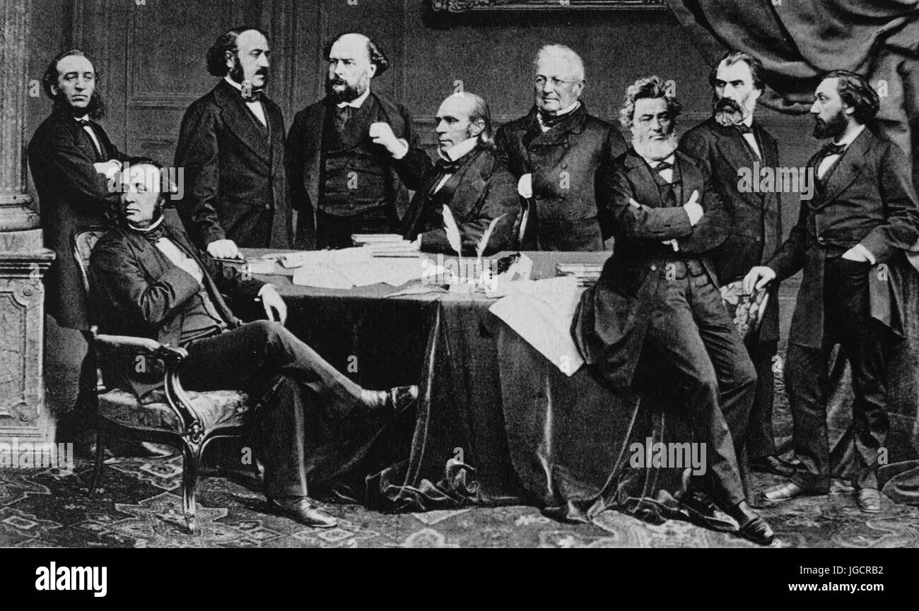 ADOLPHE THIERS (1797-1877) sitzen Zentrum als Leiter der provisorischen französischen Regierung 1870 / 71 mit Léon Gambetta stehend ganz rechts und Jules Favre Dritter von rechts in eine zeitgenössische Montage Stockfoto