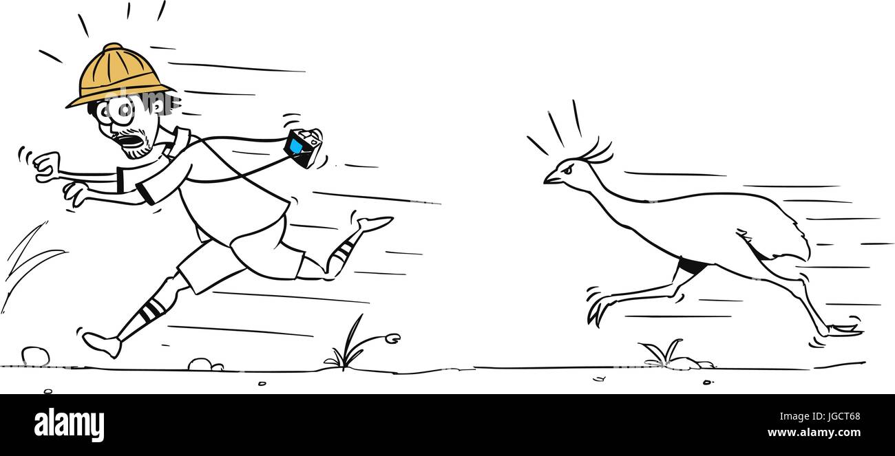 Cartoon Vector männlichen Touristen läuft weg von großen Strauß Vogel verfolgt ihn Stock Vektor