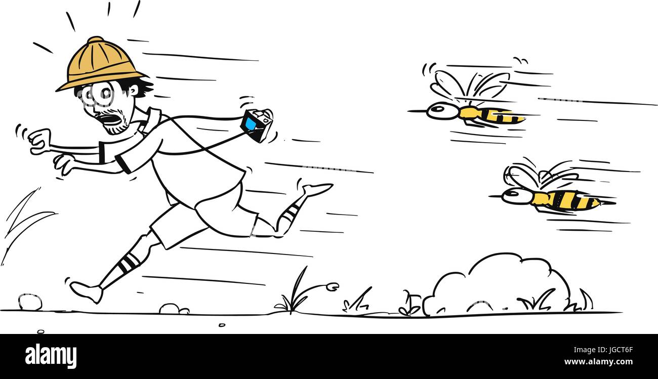 Cartoon Vector männlichen Touristen läuft abseits großer Biene oder Wespe Schwarm verfolgt ihn Stock Vektor