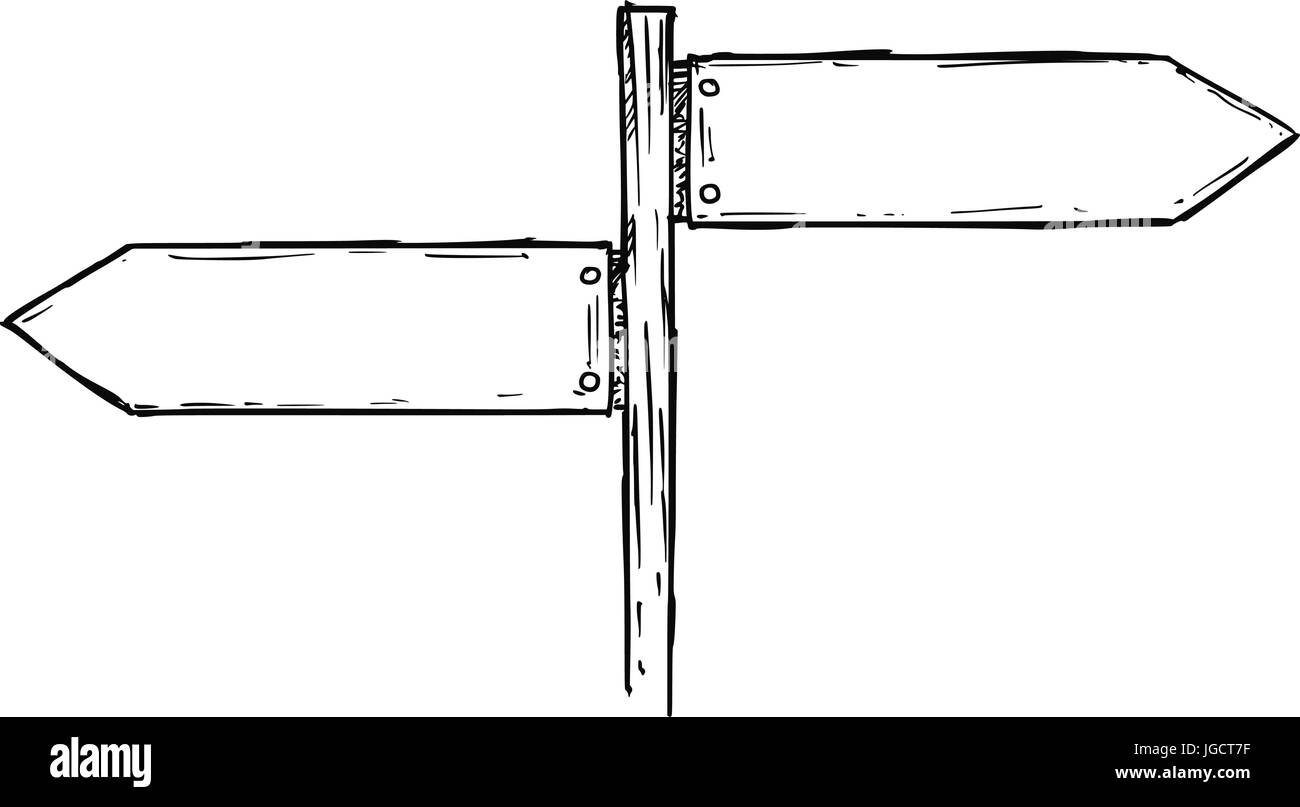Vektor Cartoon Doodle Hand gezeichnete Kreuzung hölzerne Wegweiser mit zwei Pfeilen nach links und rechts als Entscheidung Reiseführer Stock Vektor