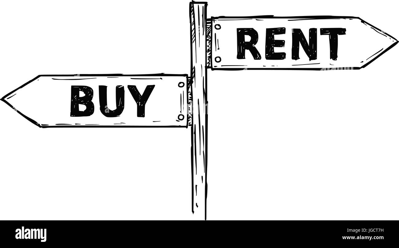 Cartoon Doodle handgezeichnete Kreuzung aus Holz Vektorrichtung unterzeichnen mit zwei Pfeilen nach links und rechts als Miete oder kaufen Entscheidung guide Stock Vektor