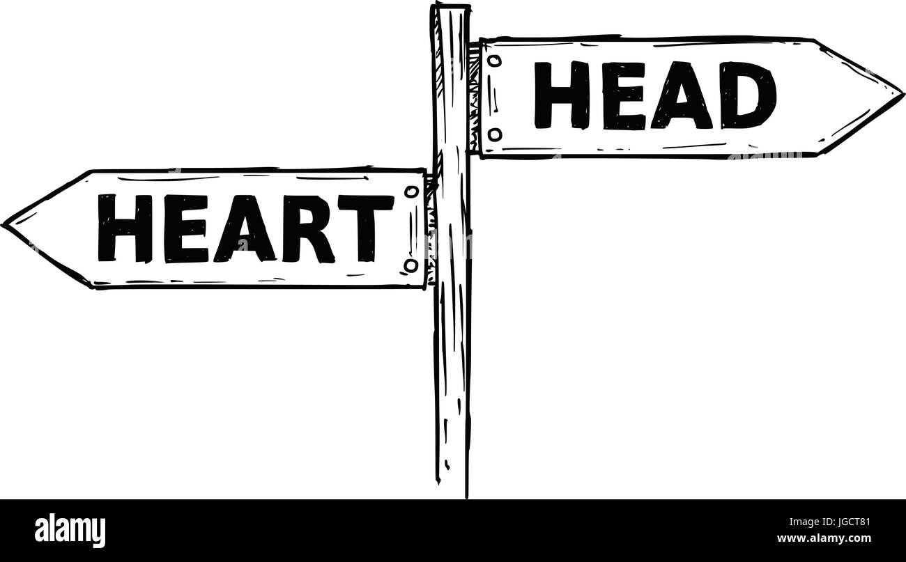 Vector Cartoon doodle handgezeichnete Kreuzung hölzerne Wegweiser mit zwei Pfeilen nach links und rechts als Kopf oder Herzen Entscheidung Reiseführer Stock Vektor
