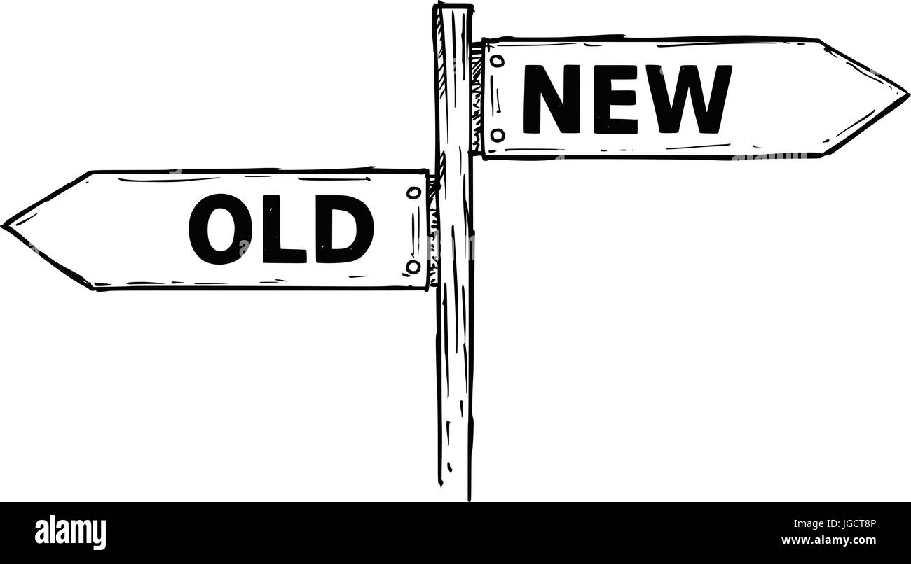 Vector Cartoon doodle handgezeichnete Kreuzung hölzerne Wegweiser mit zwei Pfeilen nach links und rechts als alte oder neue Entscheidung Reiseführer Stock Vektor