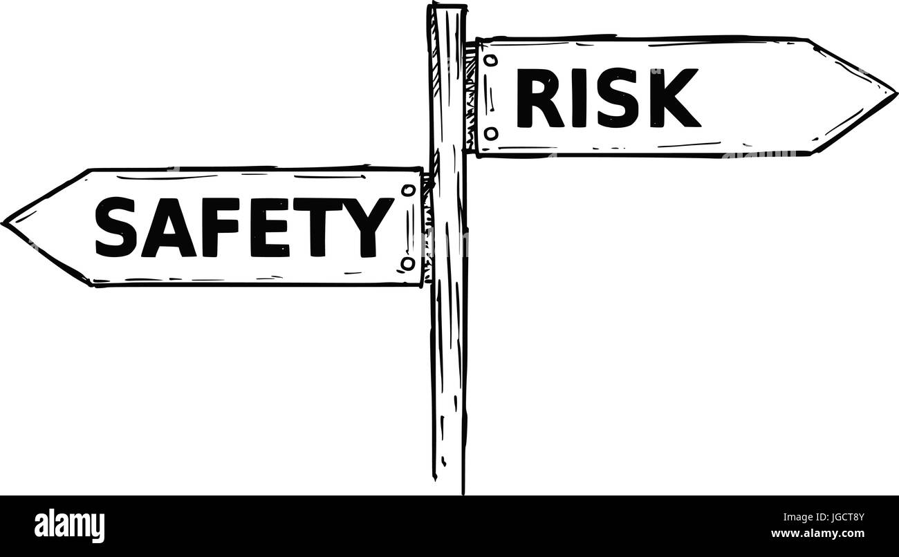 Vector Cartoon doodle handgezeichnete Kreuzung hölzerne Wegweiser mit zwei Pfeilen nach links und rechts als Sicherheit oder Risiko Entscheidung Reiseführer Stock Vektor