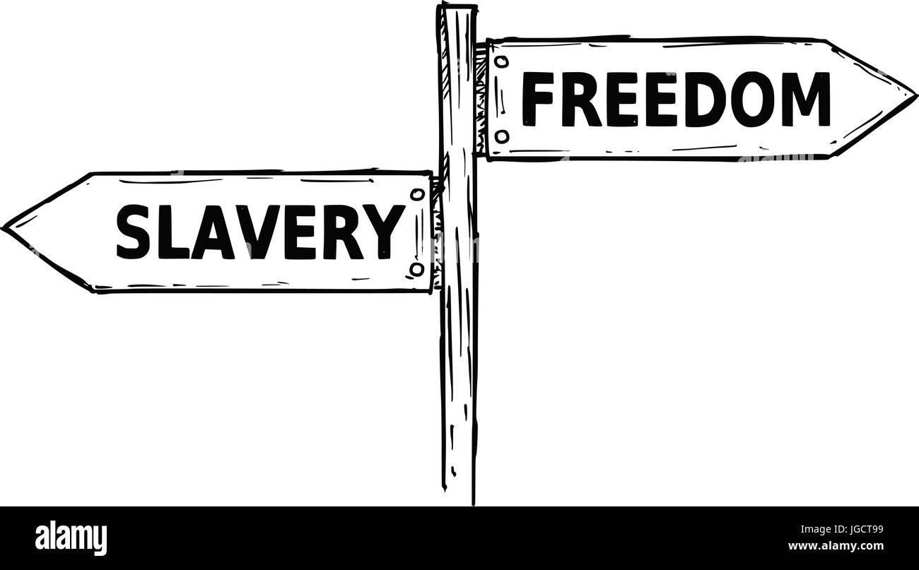 Vector Cartoon doodle handgezeichnete Kreuzung hölzerne Wegweiser mit zwei Pfeilen nach links und rechts als Freiheit oder Sklaverei Entscheidung guide Stock Vektor