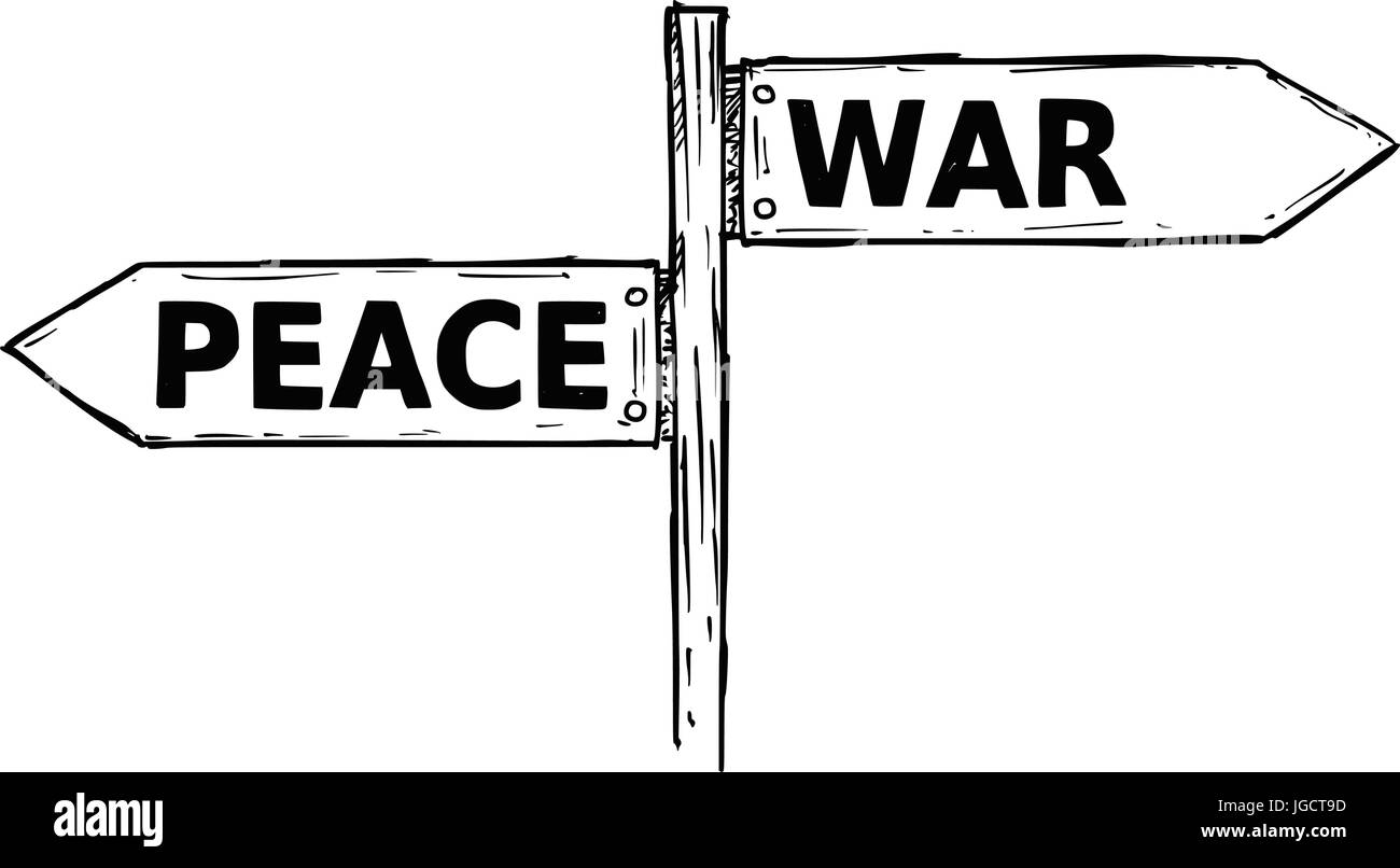 Vector Cartoon doodle handgezeichnete Kreuzung hölzerne Wegweiser mit zwei Pfeilen nach links und rechts wie Krieg oder Frieden Entscheidung Reiseführer Stock Vektor