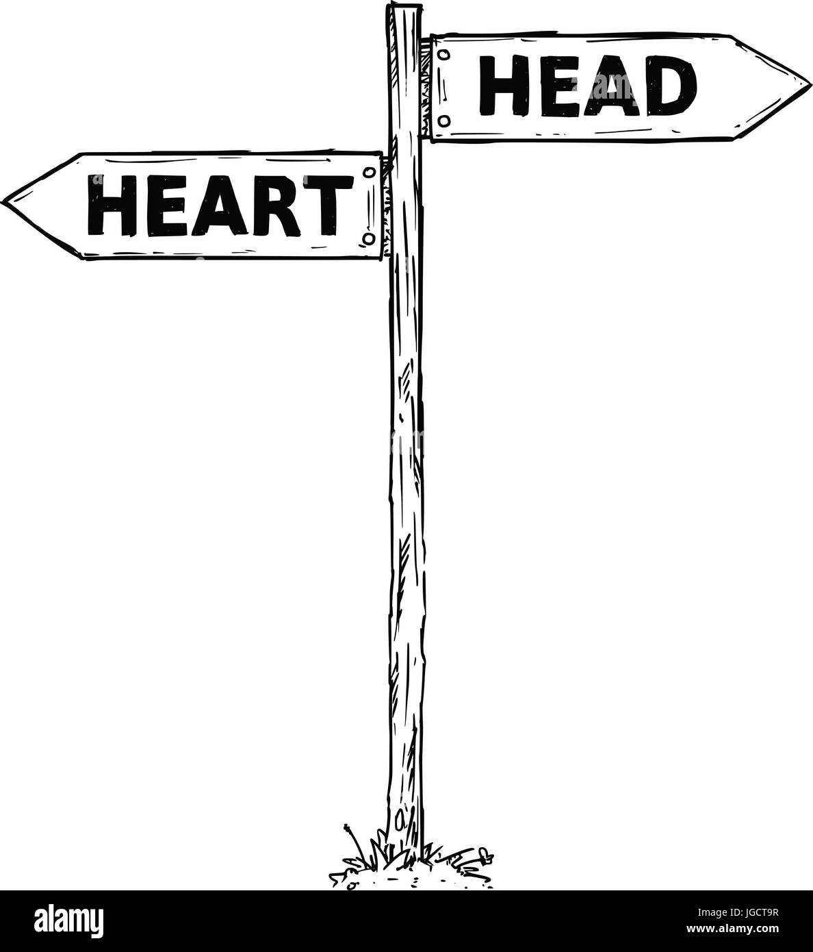 Vector Cartoon doodle handgezeichnete Kreuzung hölzerne Wegweiser mit zwei Pfeilen nach links und rechts als Kopf oder Herzen Entscheidung Reiseführer Stock Vektor