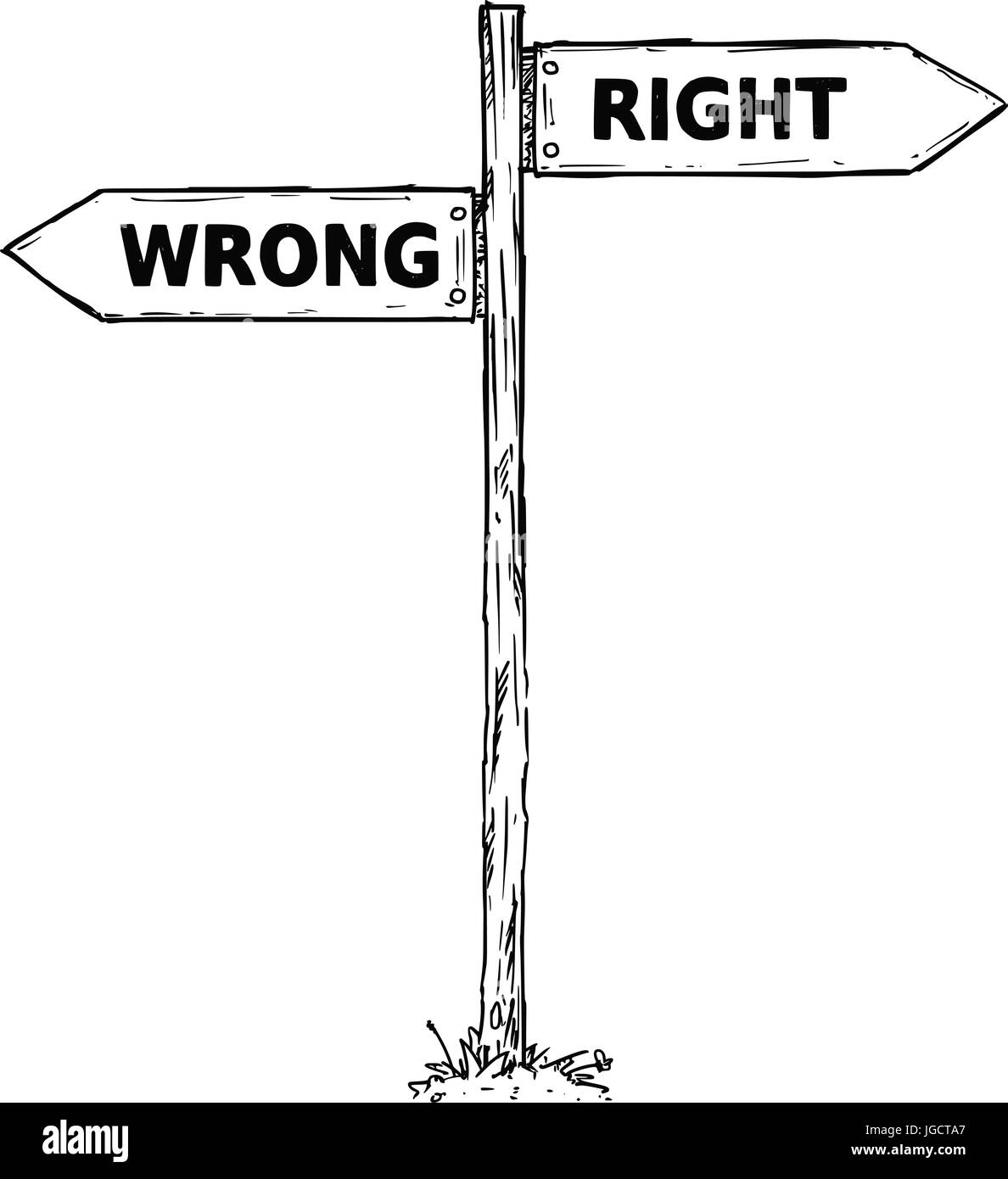Vector Cartoon doodle handgezeichnete Kreuzung hölzerne Wegweiser mit zwei Pfeilen nach links und rechts als richtige oder falsche Entscheidung Reiseführer Stock Vektor