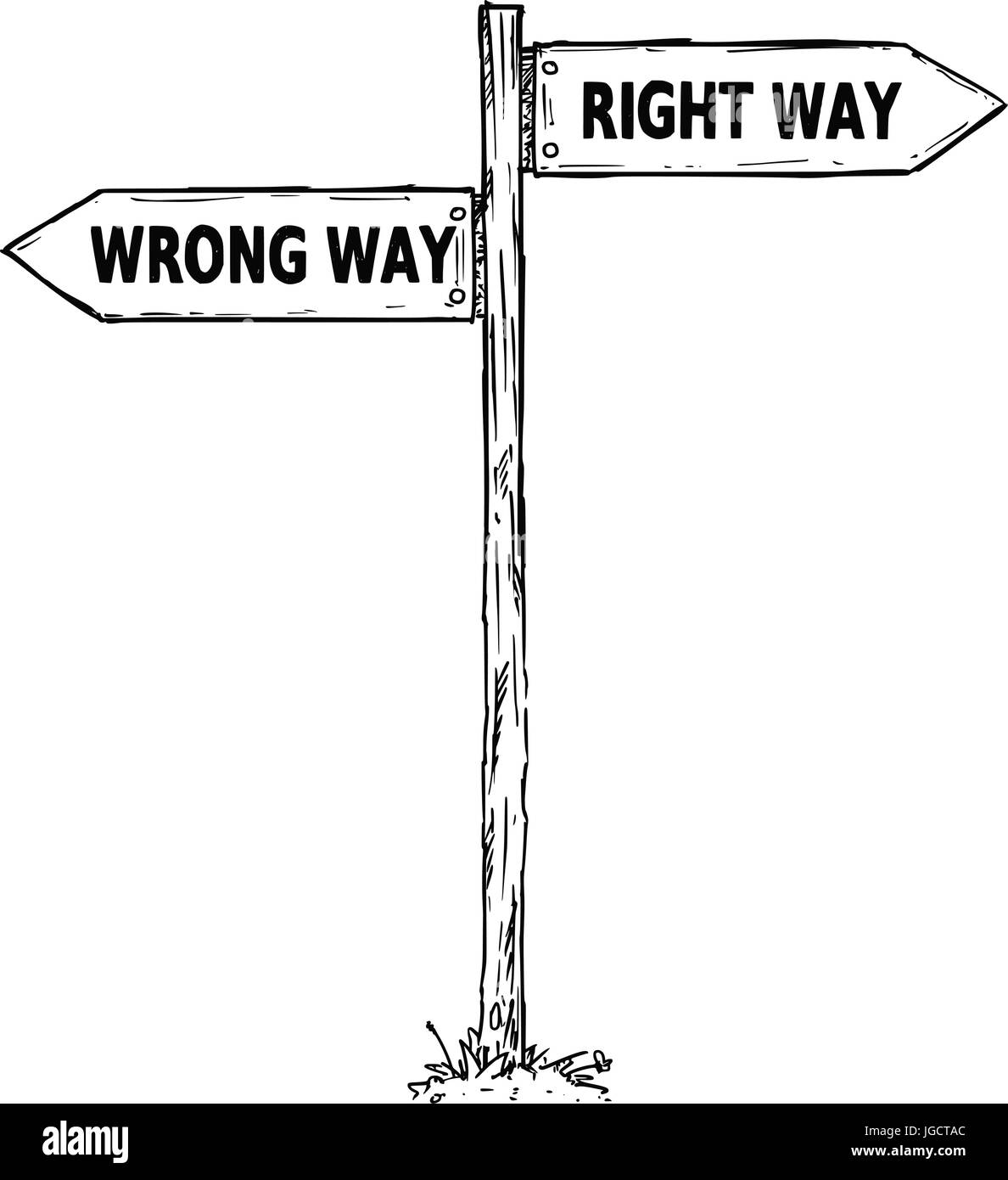 Cartoon Doodle handgezeichnete Kreuzung aus Holz Vektorrichtung unterzeichnen mit zwei Pfeilen nach links und rechts als Miete oder kaufen Entscheidung guide Stock Vektor