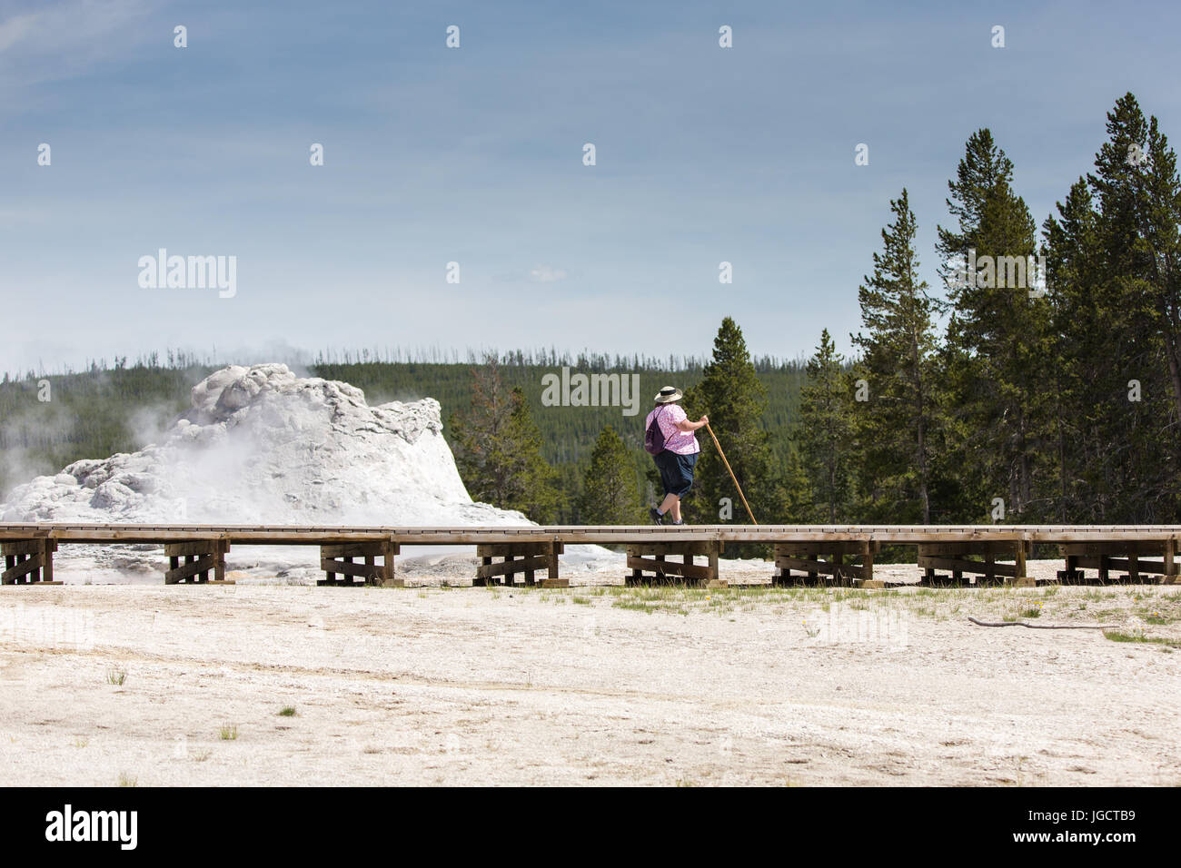 Eine übergewichtige Frau spaziert auf der Promenade neben Castle Geyser in Upper Geyser Basin im Yellowstone National Park Stockfoto