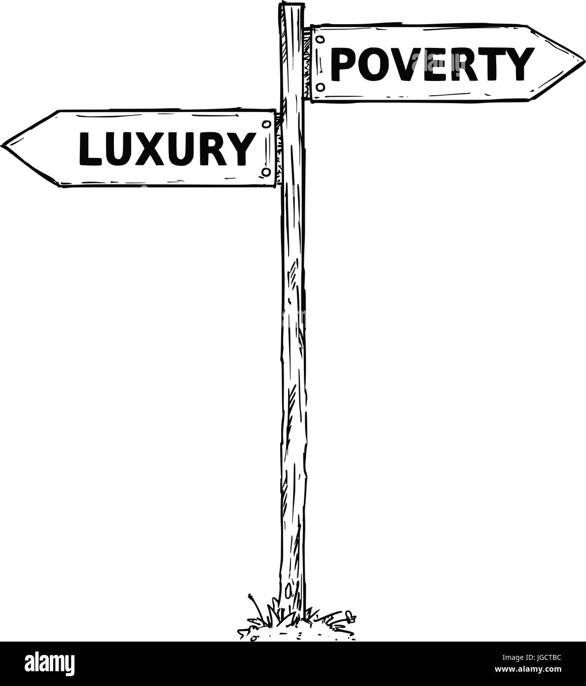 Vector Cartoon doodle handgezeichnete Kreuzung hölzerne Wegweiser mit zwei Pfeilen nach links und rechts wie Armut oder Luxus-Entscheidung-guide Stock Vektor
